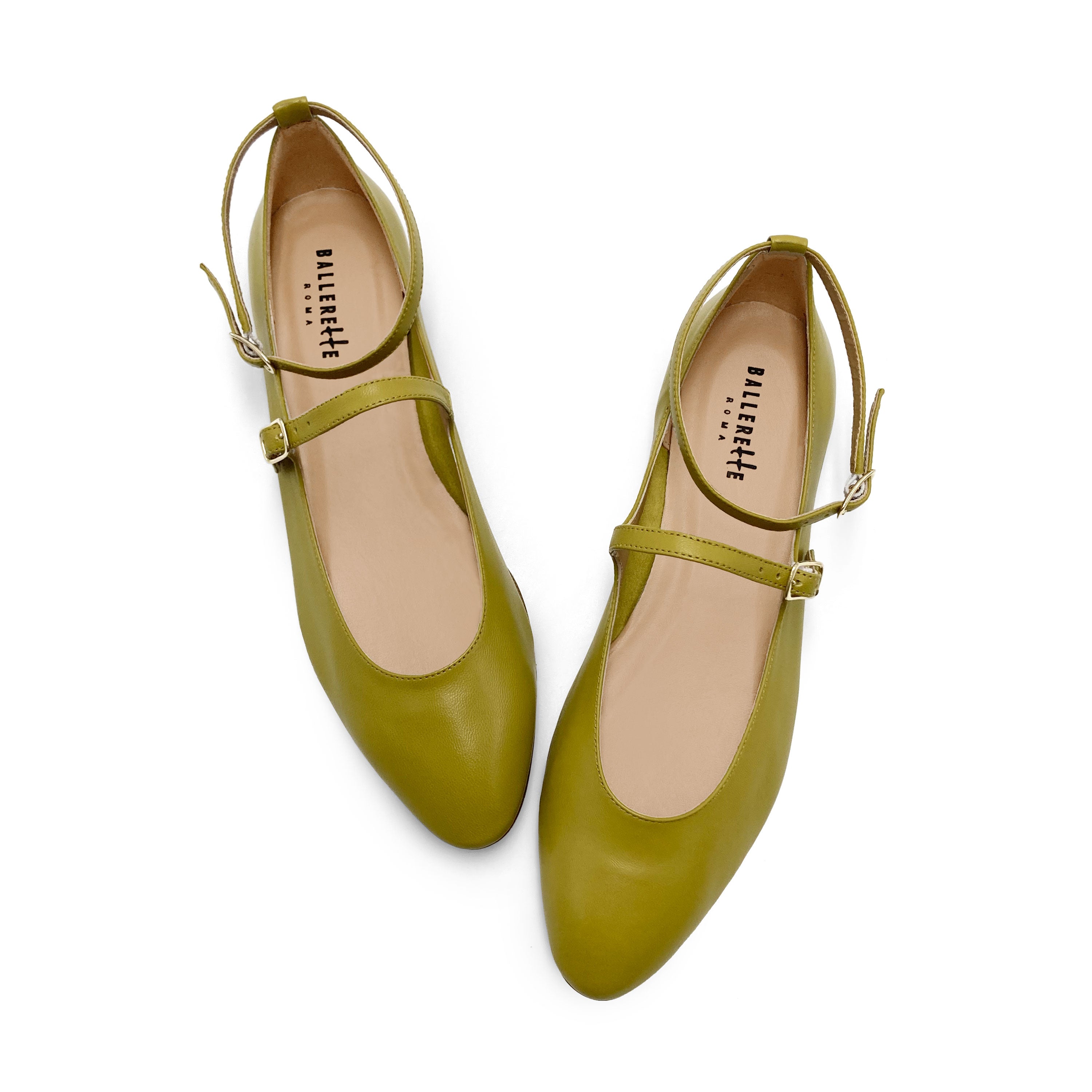 Olivegrüne Mary Jane Ballerinas mit Riemen