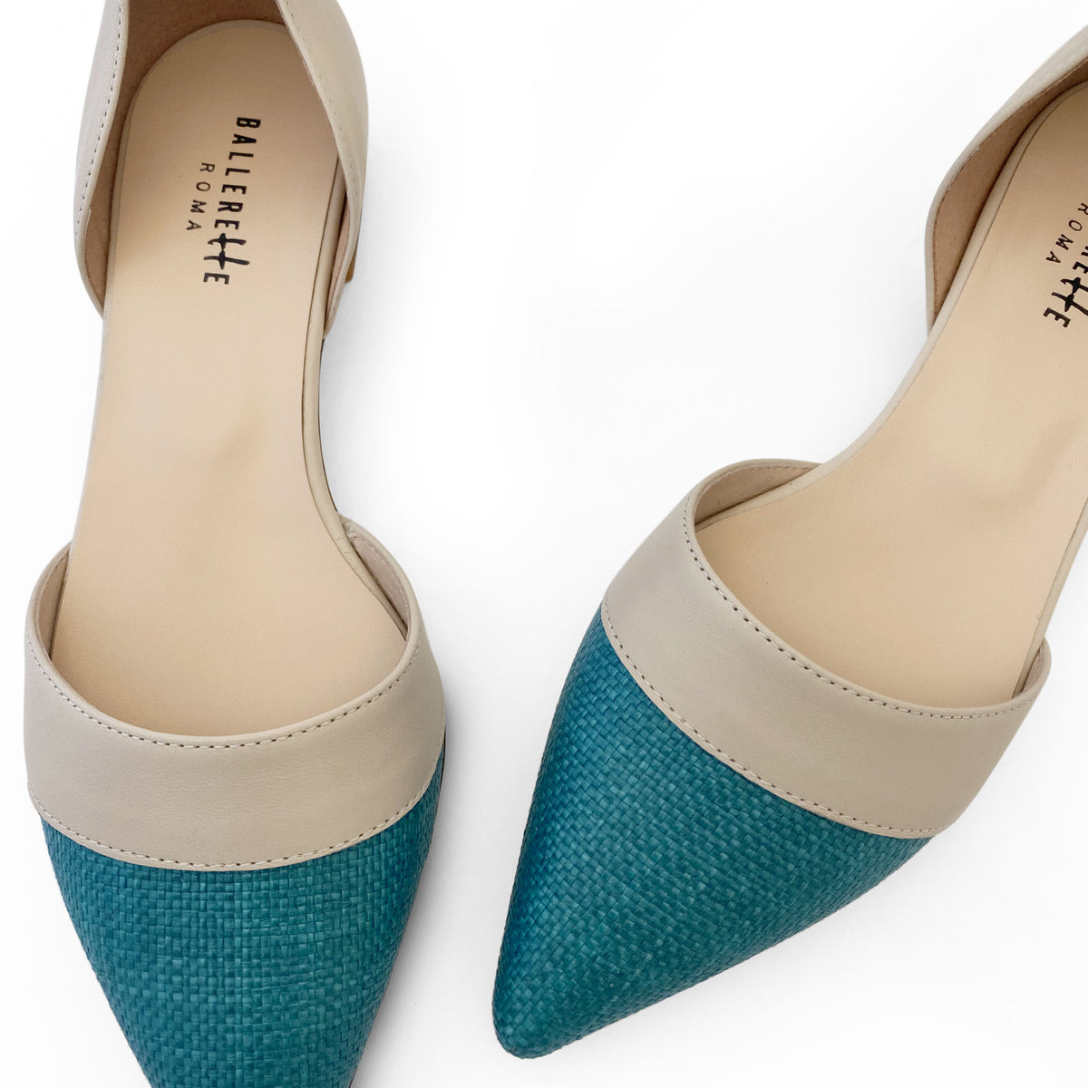 Ballerine d'Orsay in juta petrolio e dettagli beige