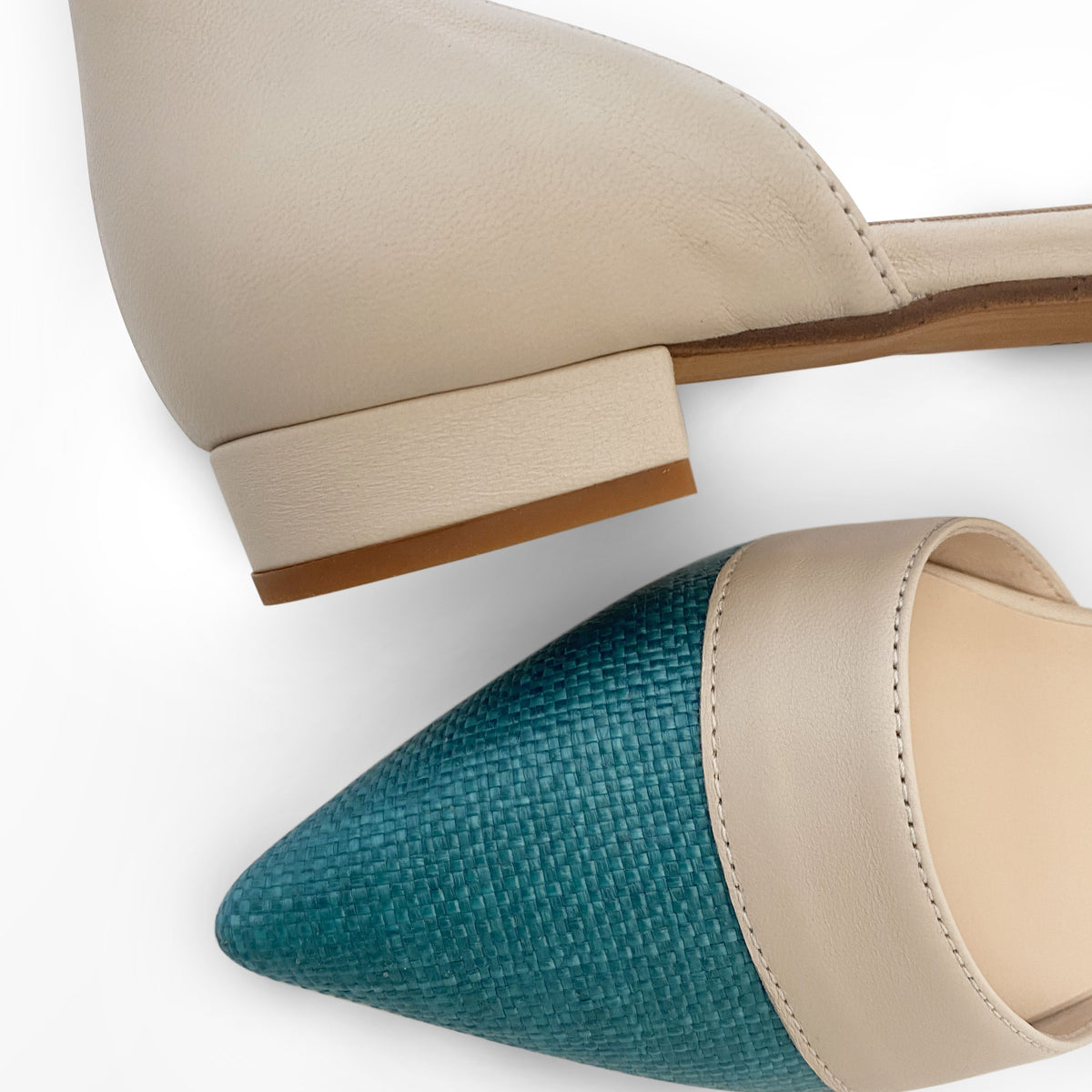 Ballerine d'Orsay in juta petrolio e dettagli beige