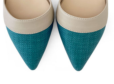 Ballerine d'Orsay in juta petrolio e dettagli beige