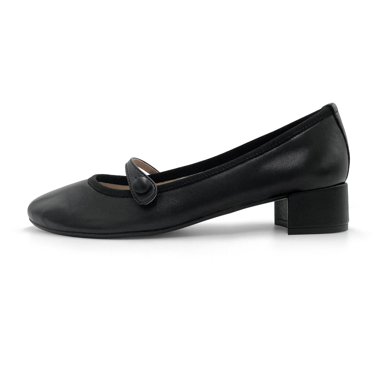 Schwarze Mary-Jane-Ballerinas aus Leder mit Riemchen und Absatz