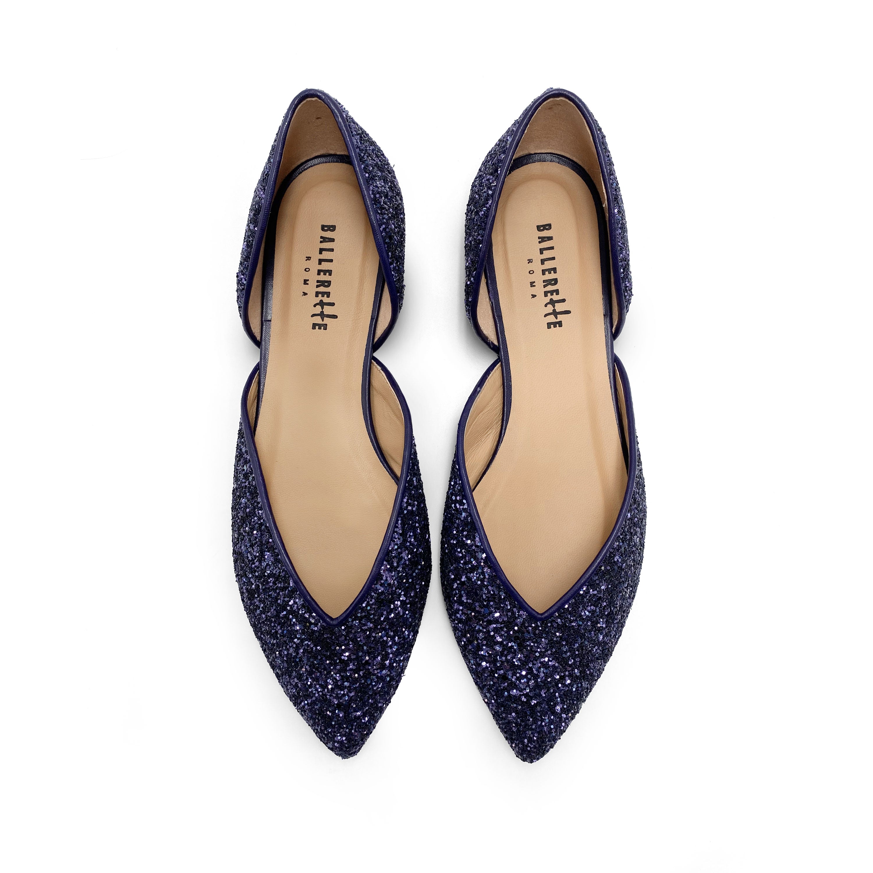 Open ballet flats in blue glitter