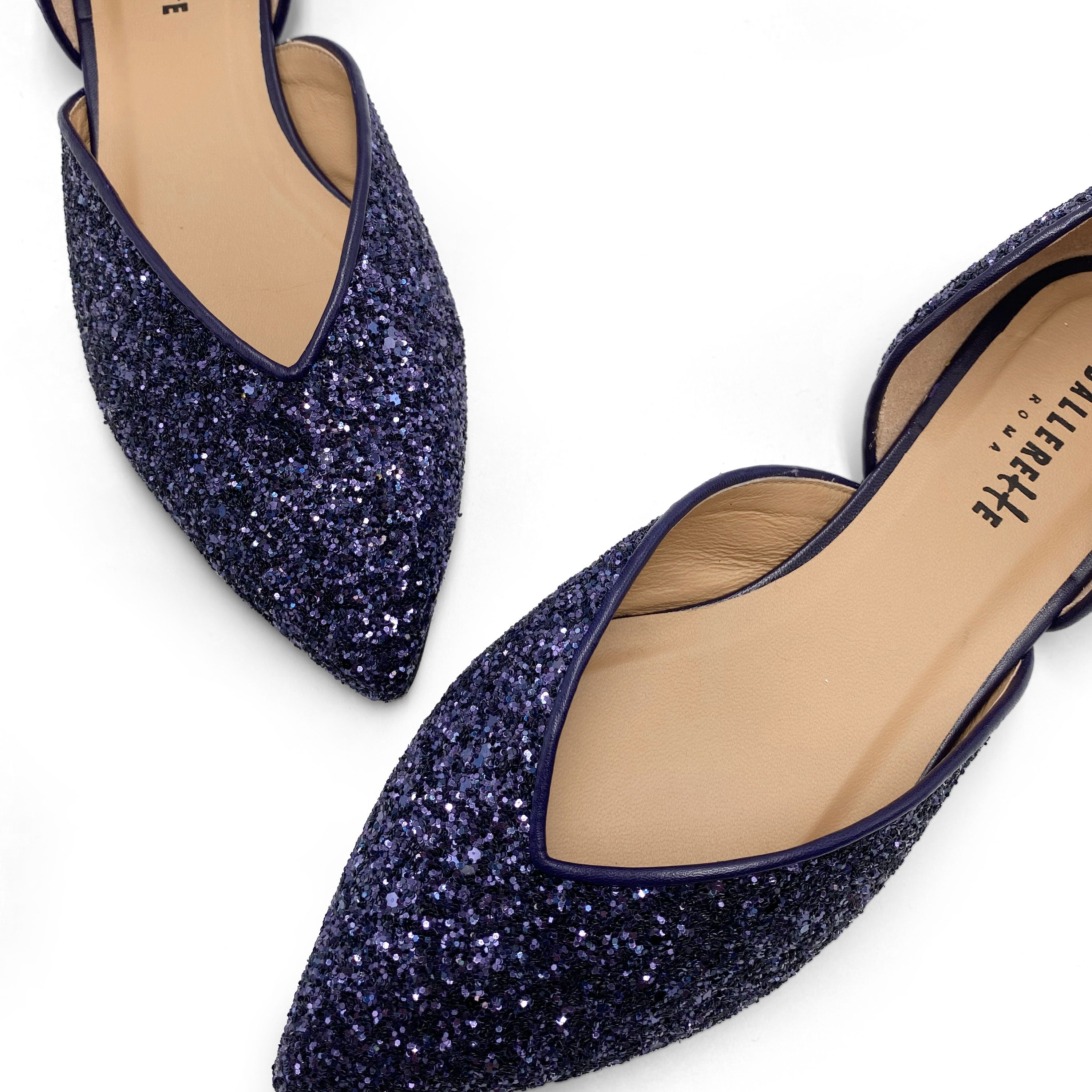 Open ballet flats in blue glitter