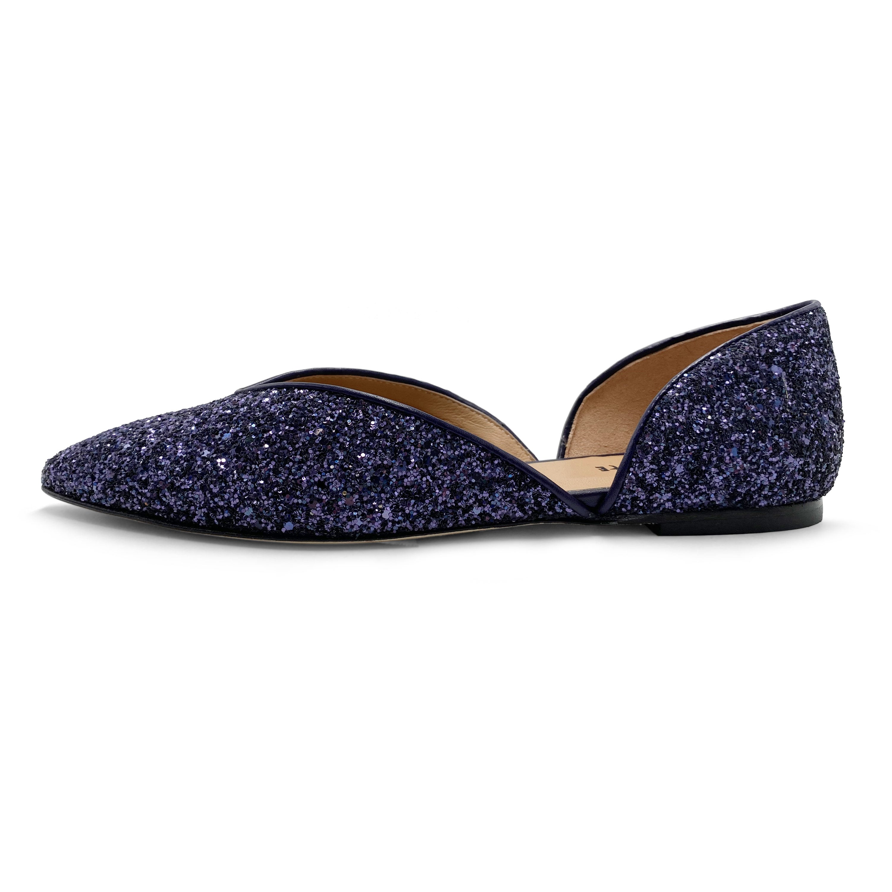 Open ballet flats in blue glitter