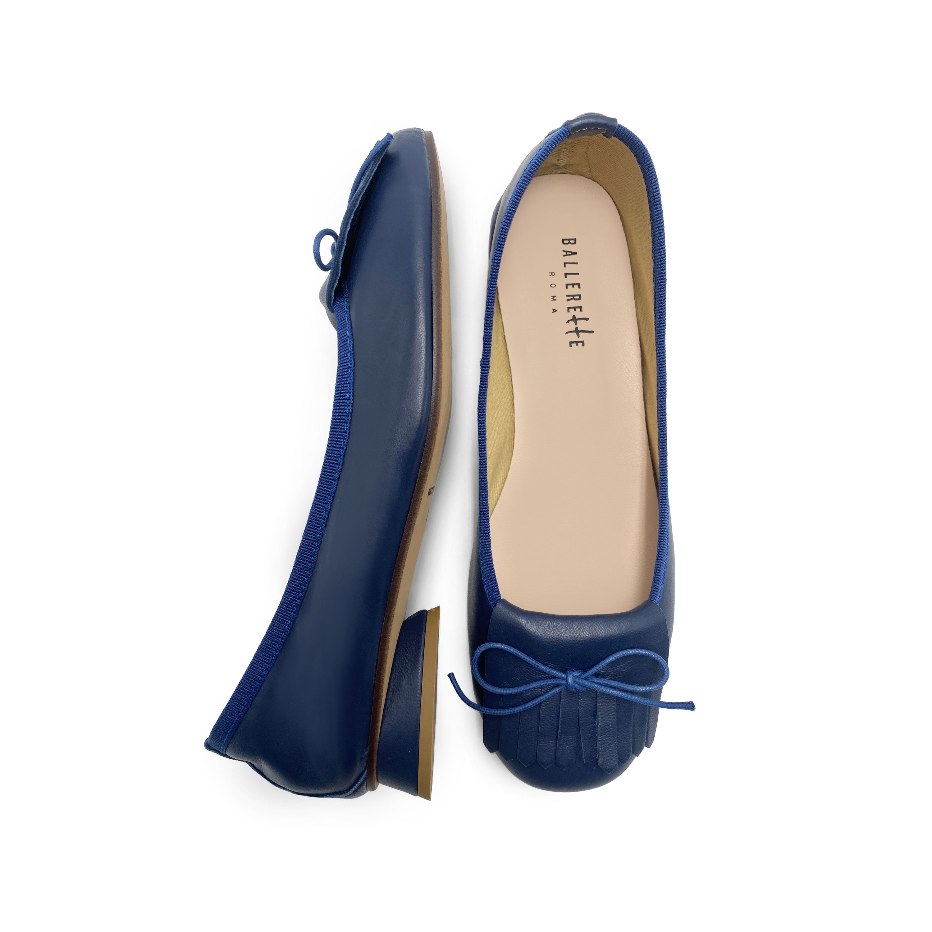 Mocassins en cuir bleu à talon et frange