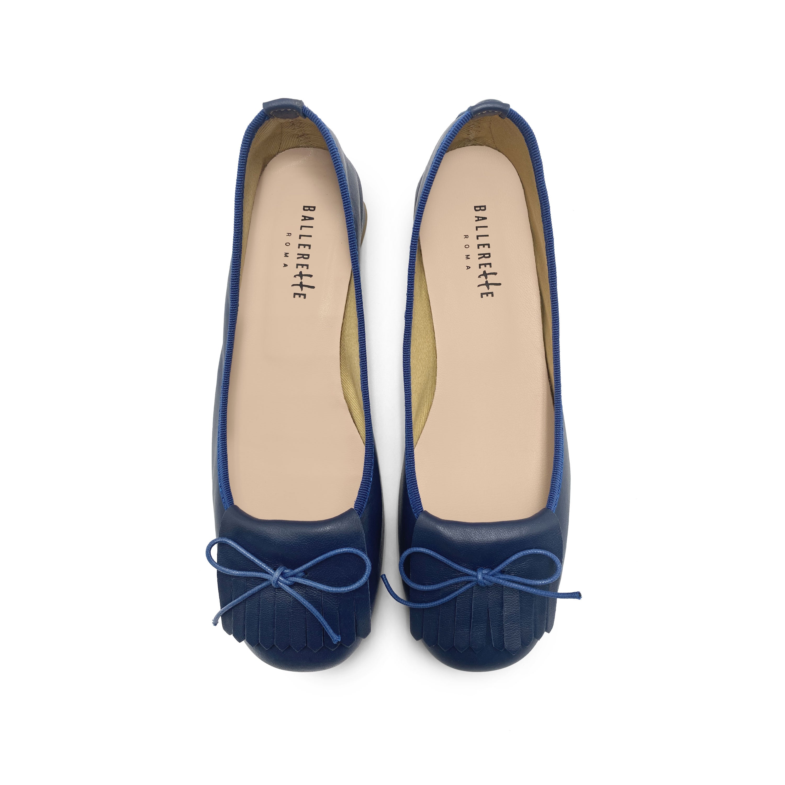 Mocassins en cuir bleu à talon et frange