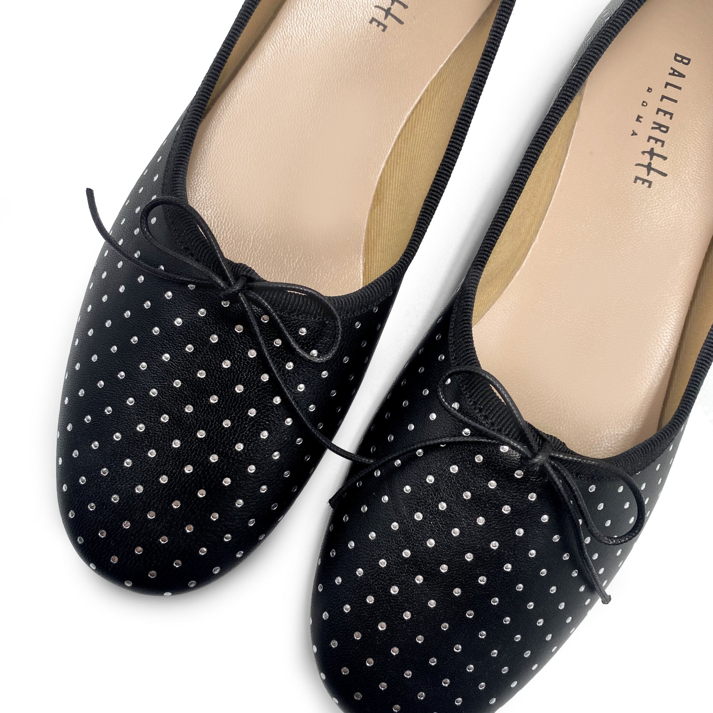 Black leather ballet flats with silver micro polka dots