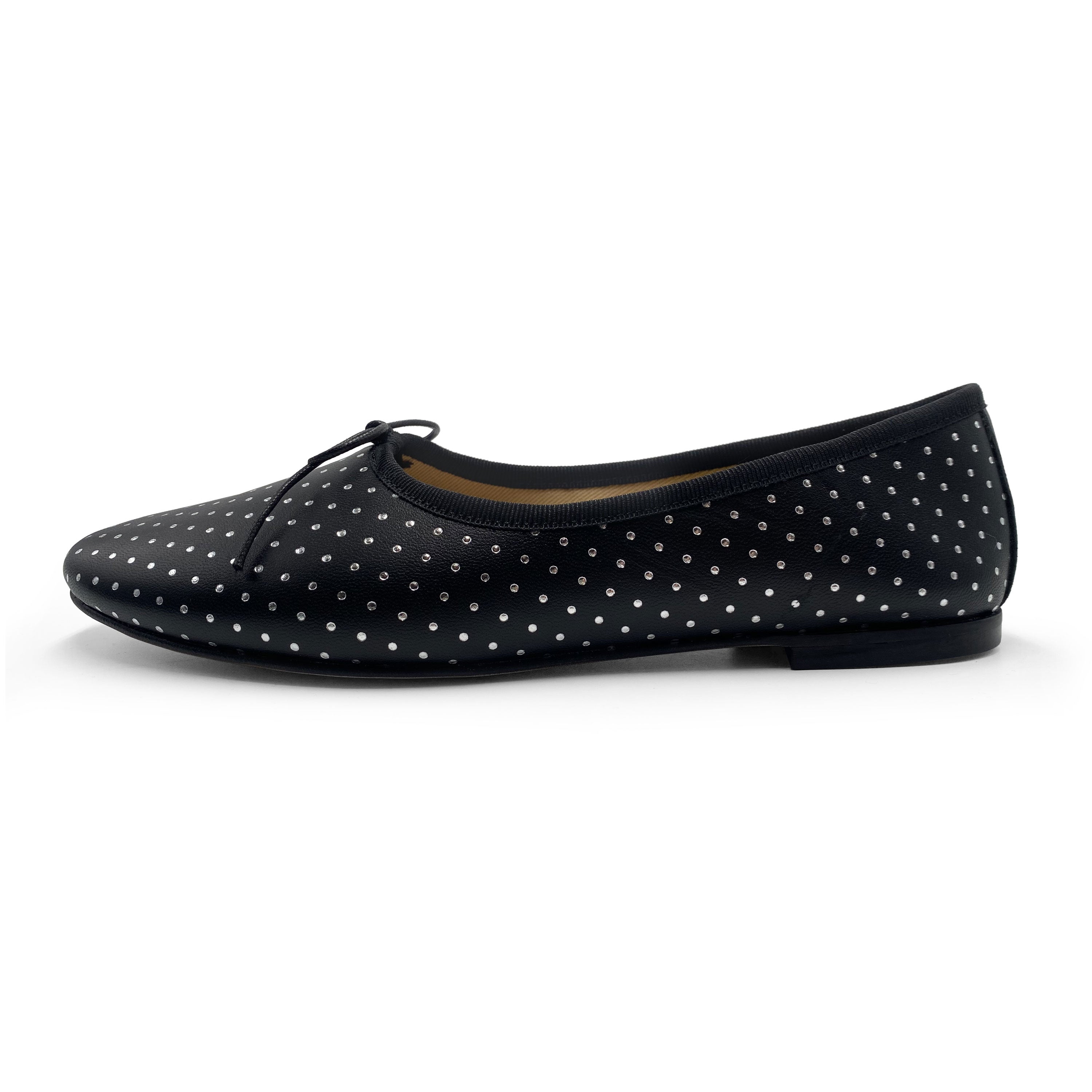 Black leather ballet flats with silver micro polka dots