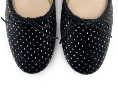 Black leather ballet flats with silver micro polka dots