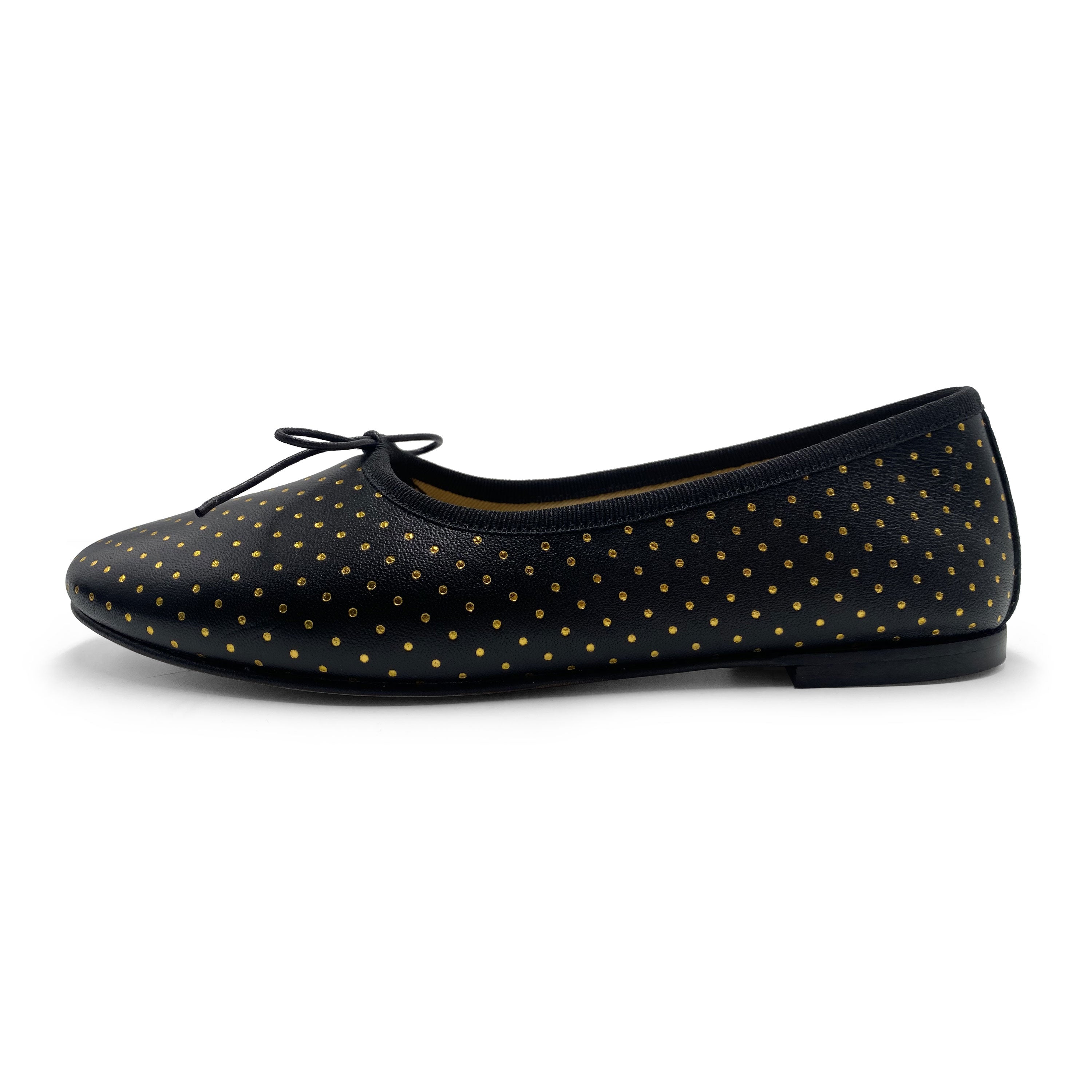 Black leather ballet flats with gold micro polka dots