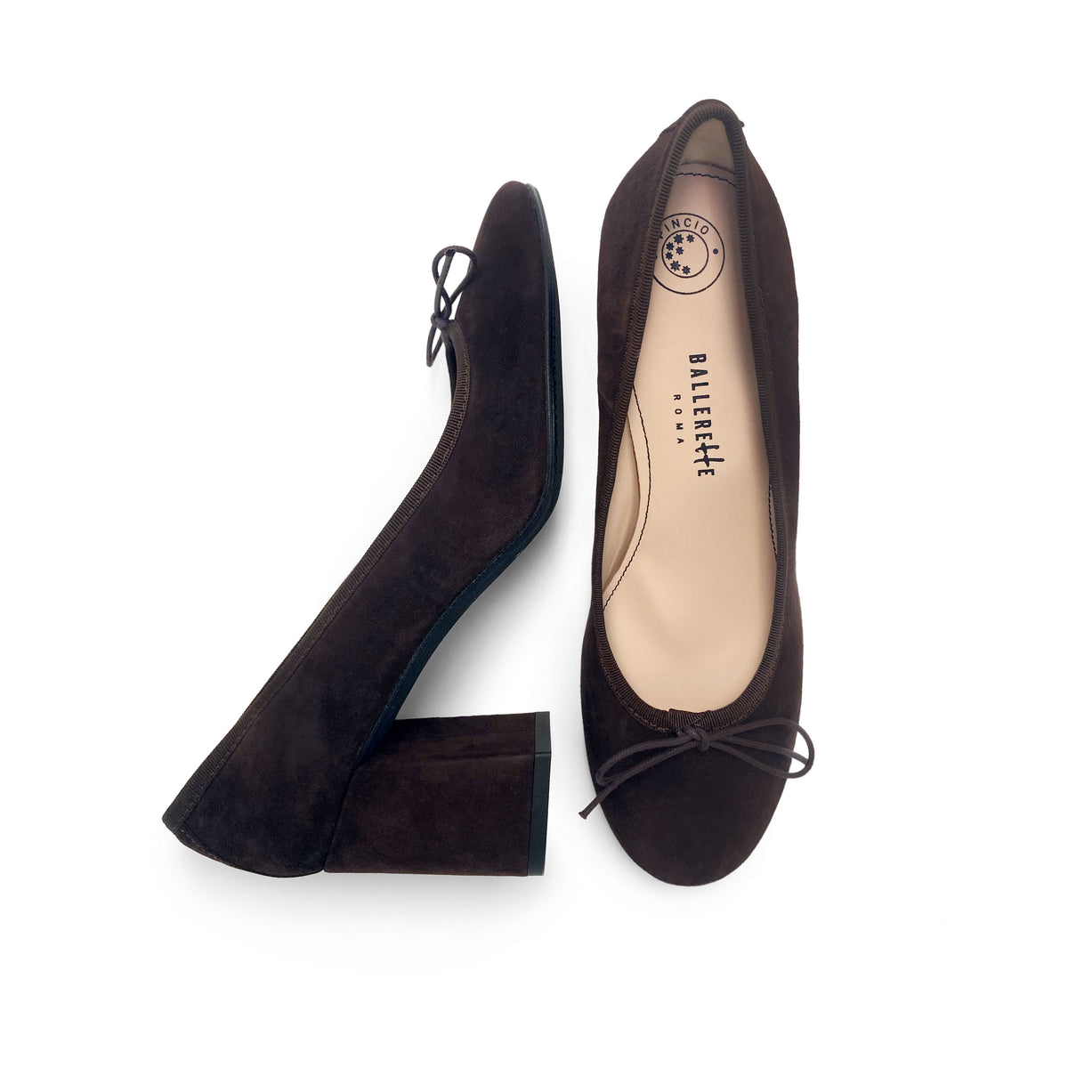 Dark brown suede heeled décolleté ballet flats