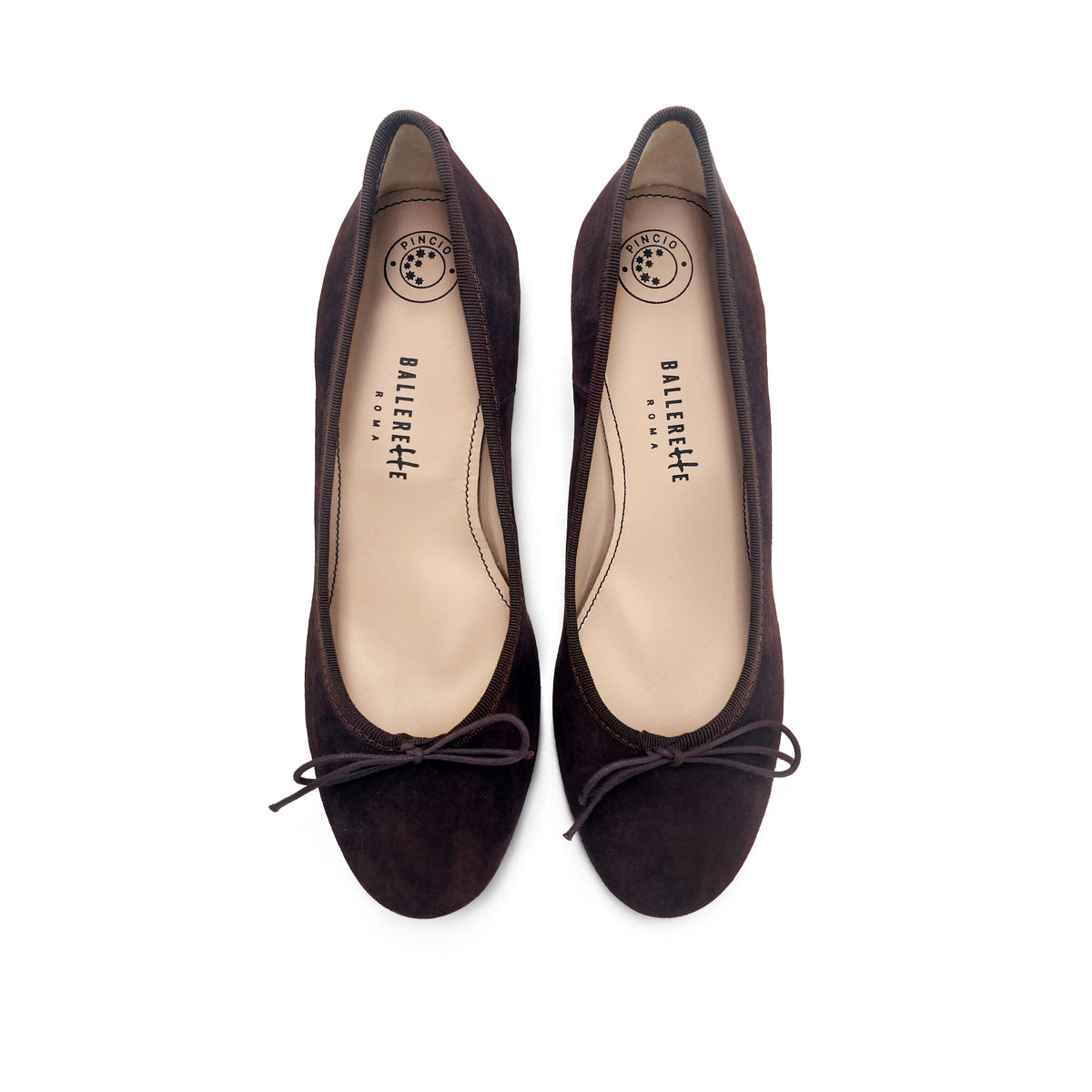 Dark brown suede heeled décolleté ballet flats