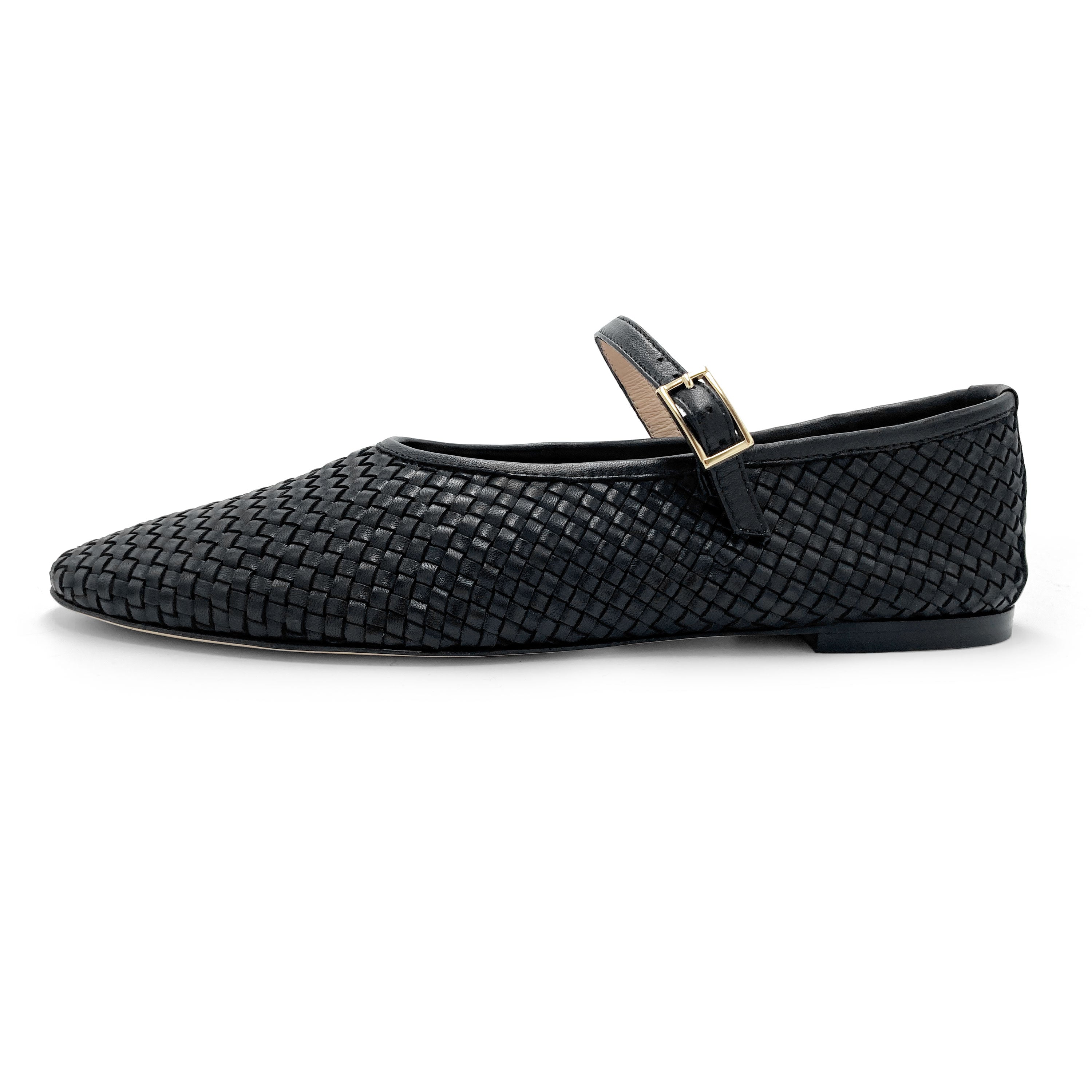 Black high cut handwoven leather ballet flats with strap
