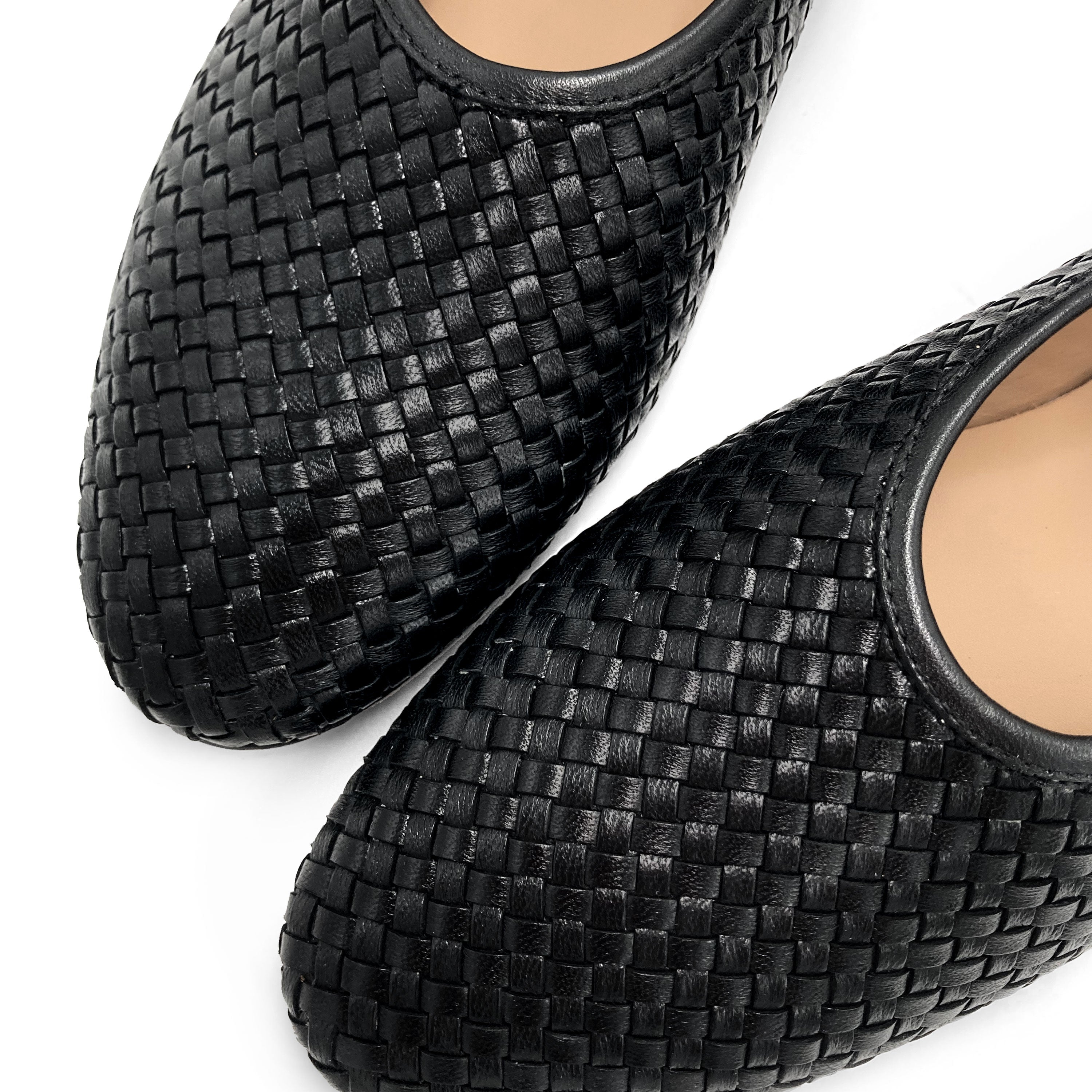 Black high cut handwoven leather ballet flats with strap