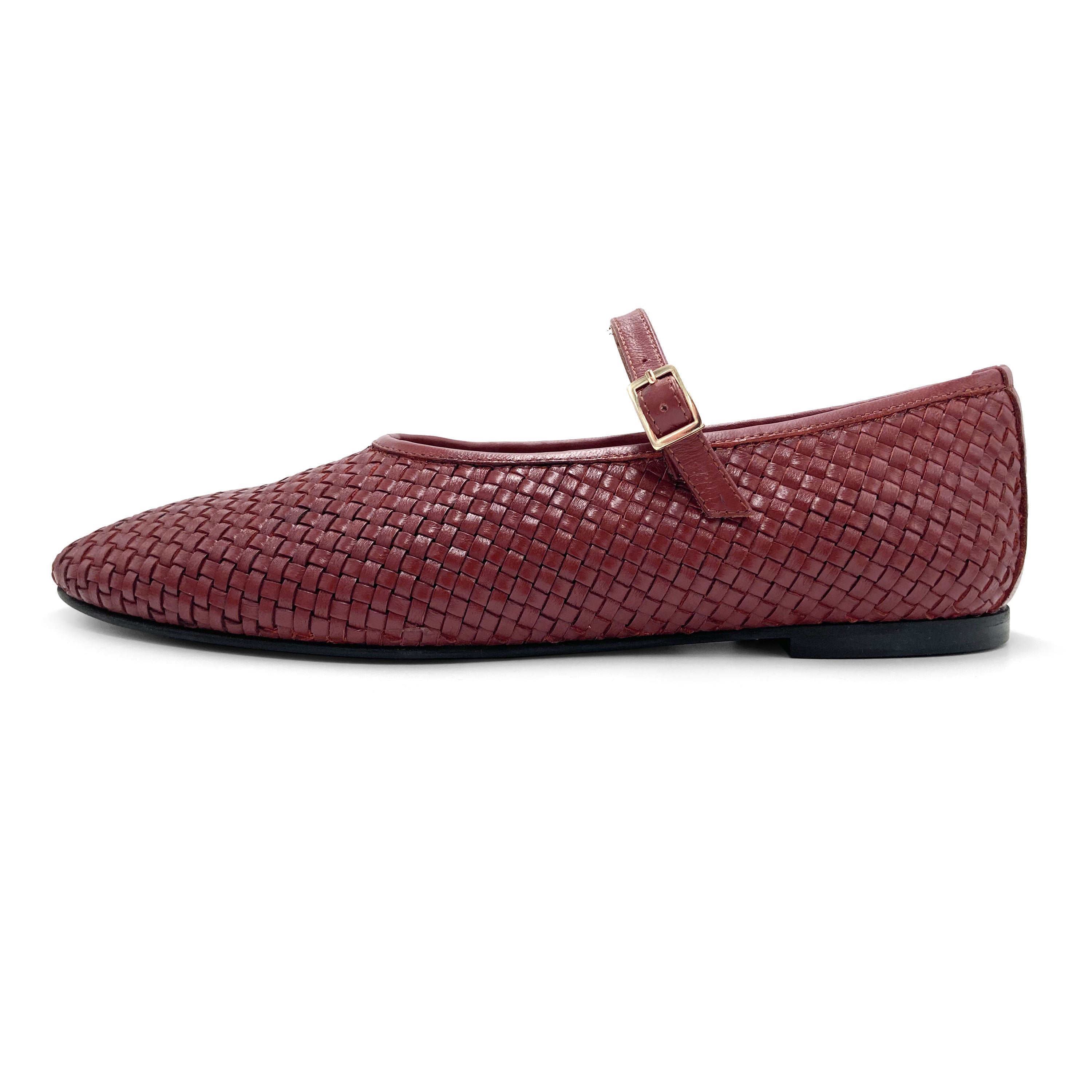 Burgundy high cut handwoven leather ballet flats with strap