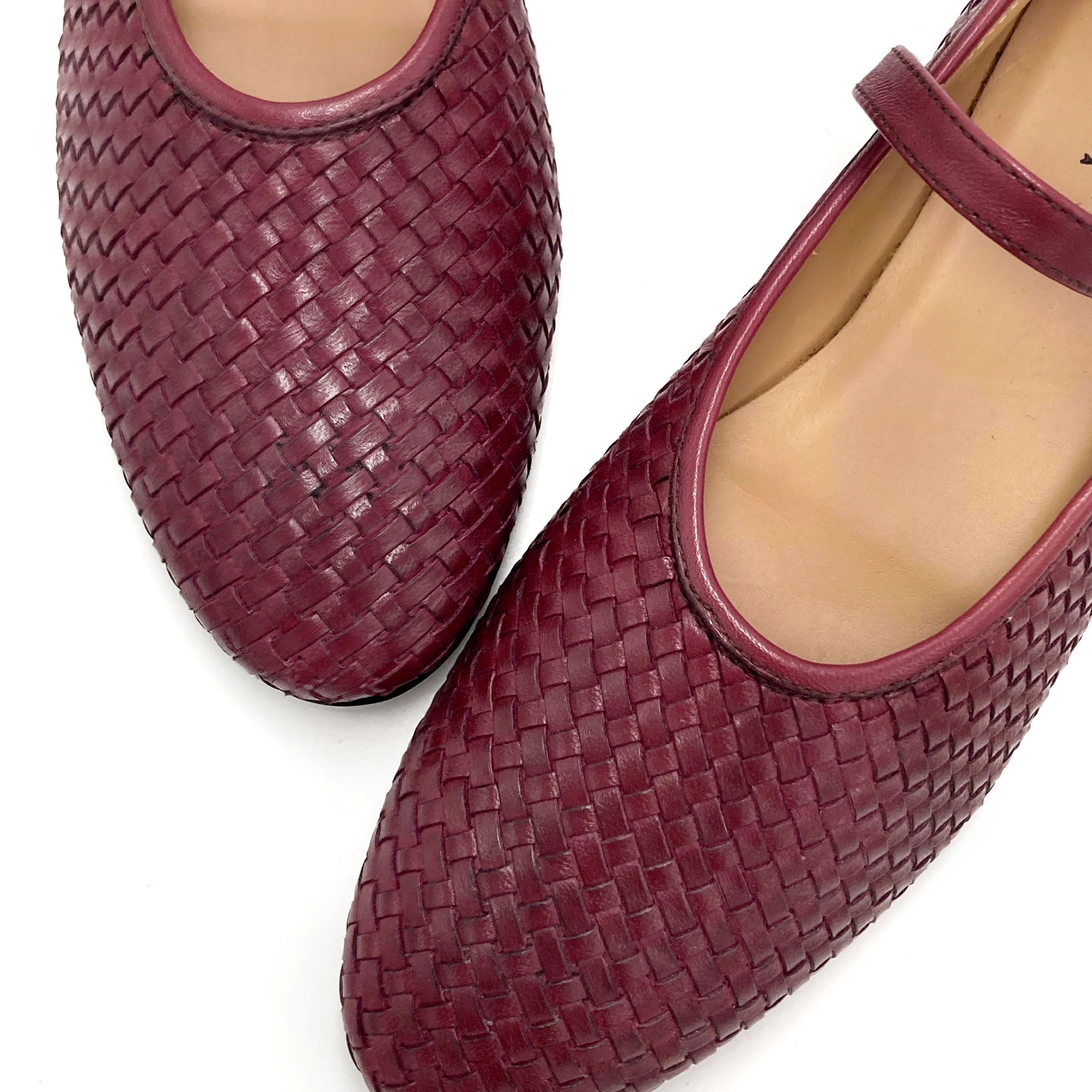 Burgundy high cut handwoven leather ballet flats with strap