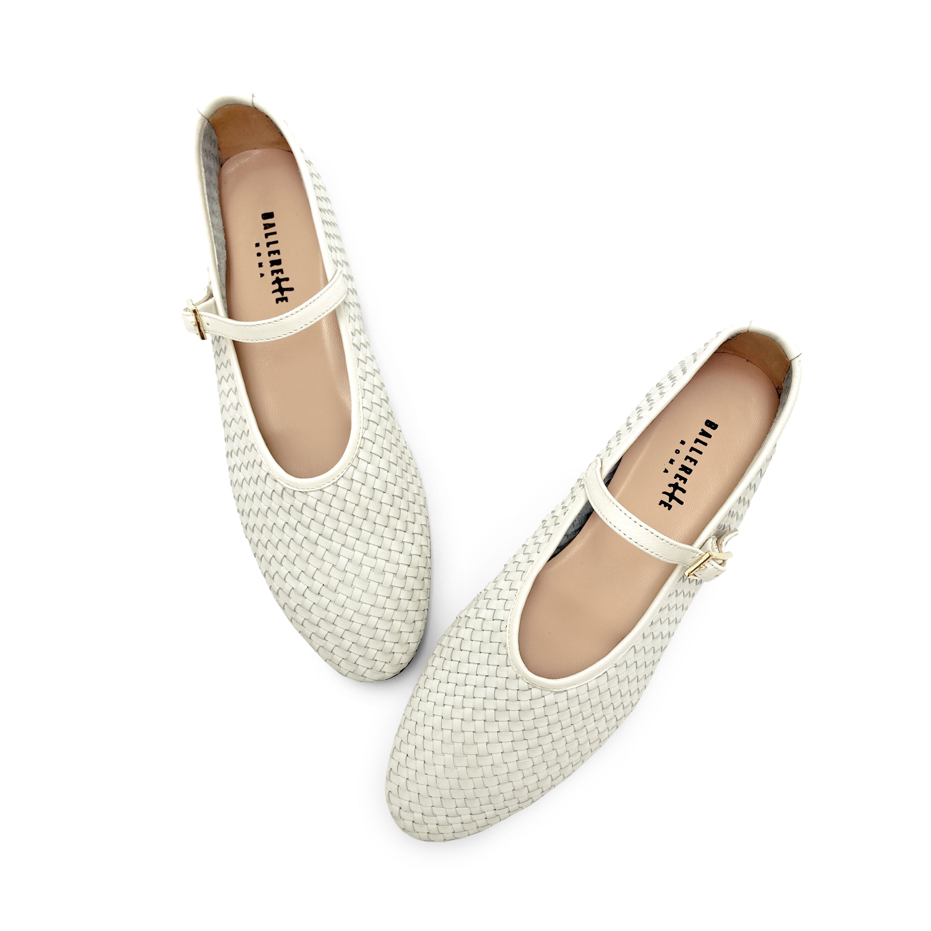 White high cut handwoven leather ballet flats with strap