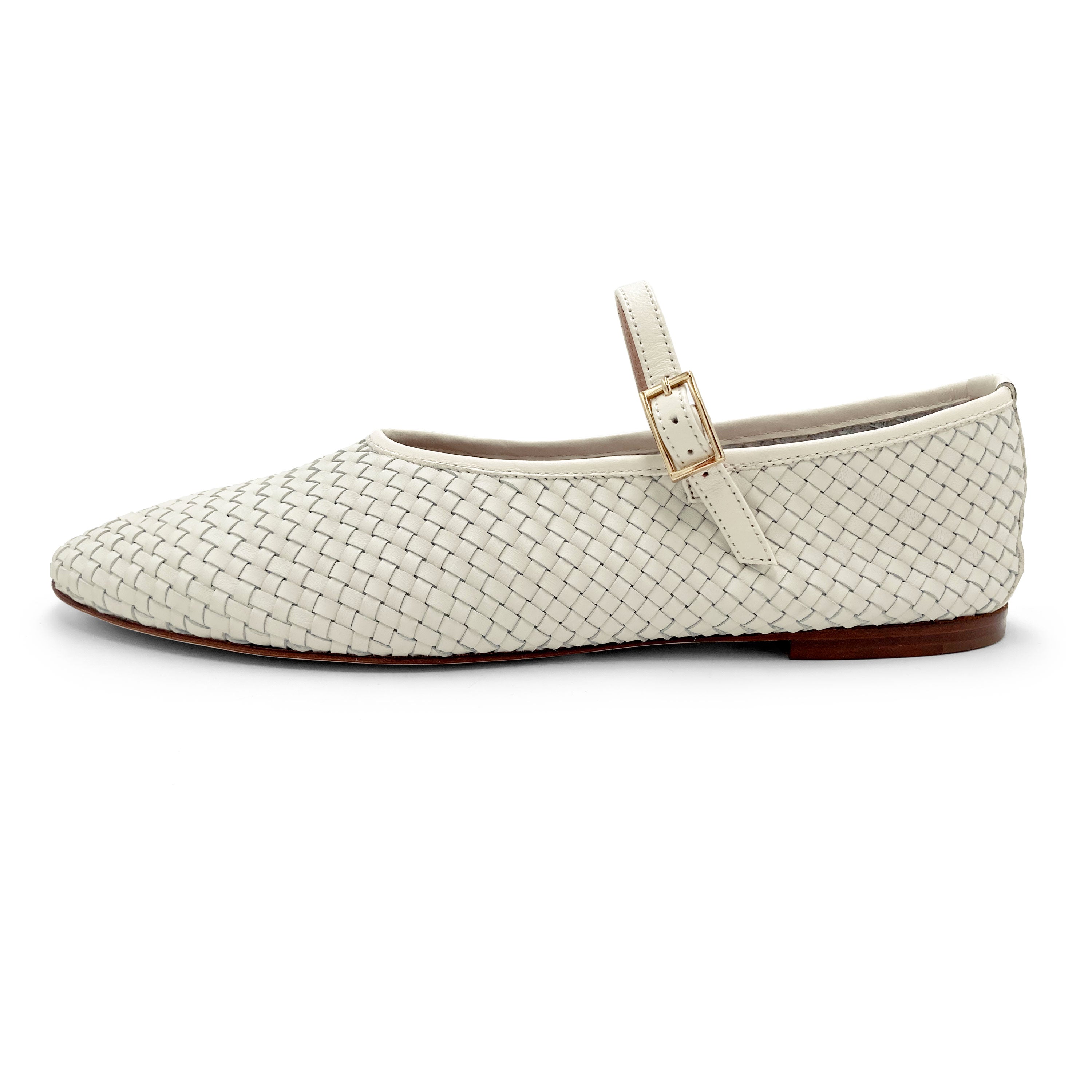 White high cut handwoven leather ballet flats with strap