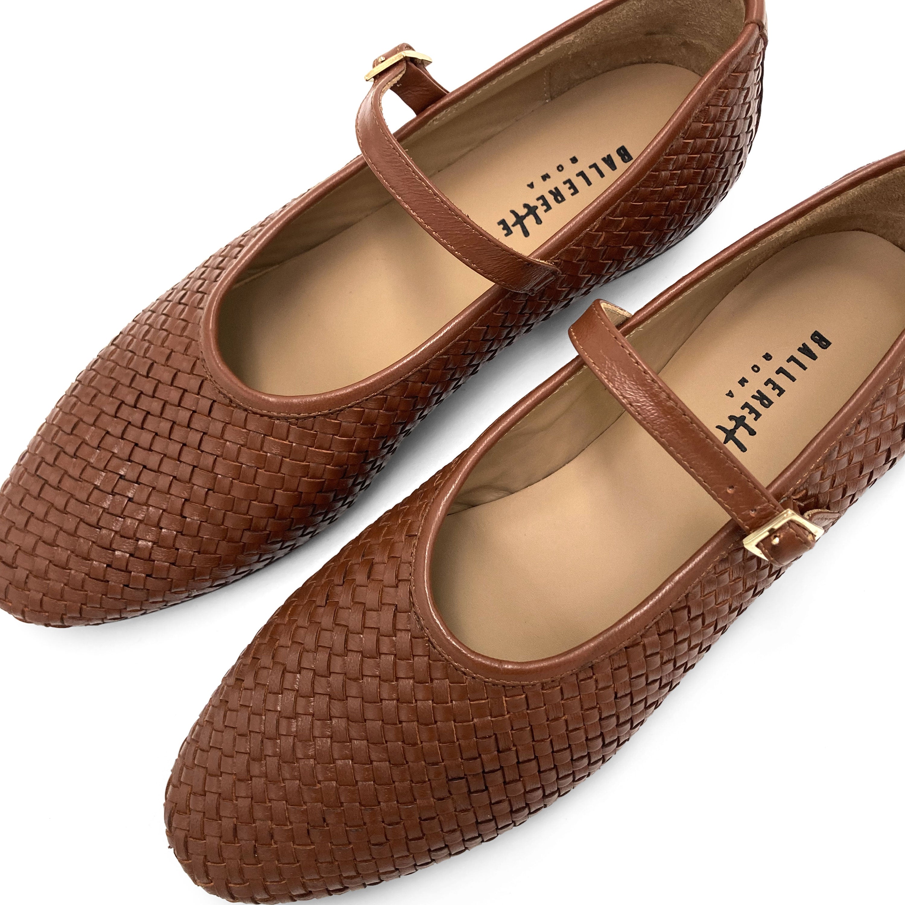 Brown high cut handwoven leather ballet flats with strap