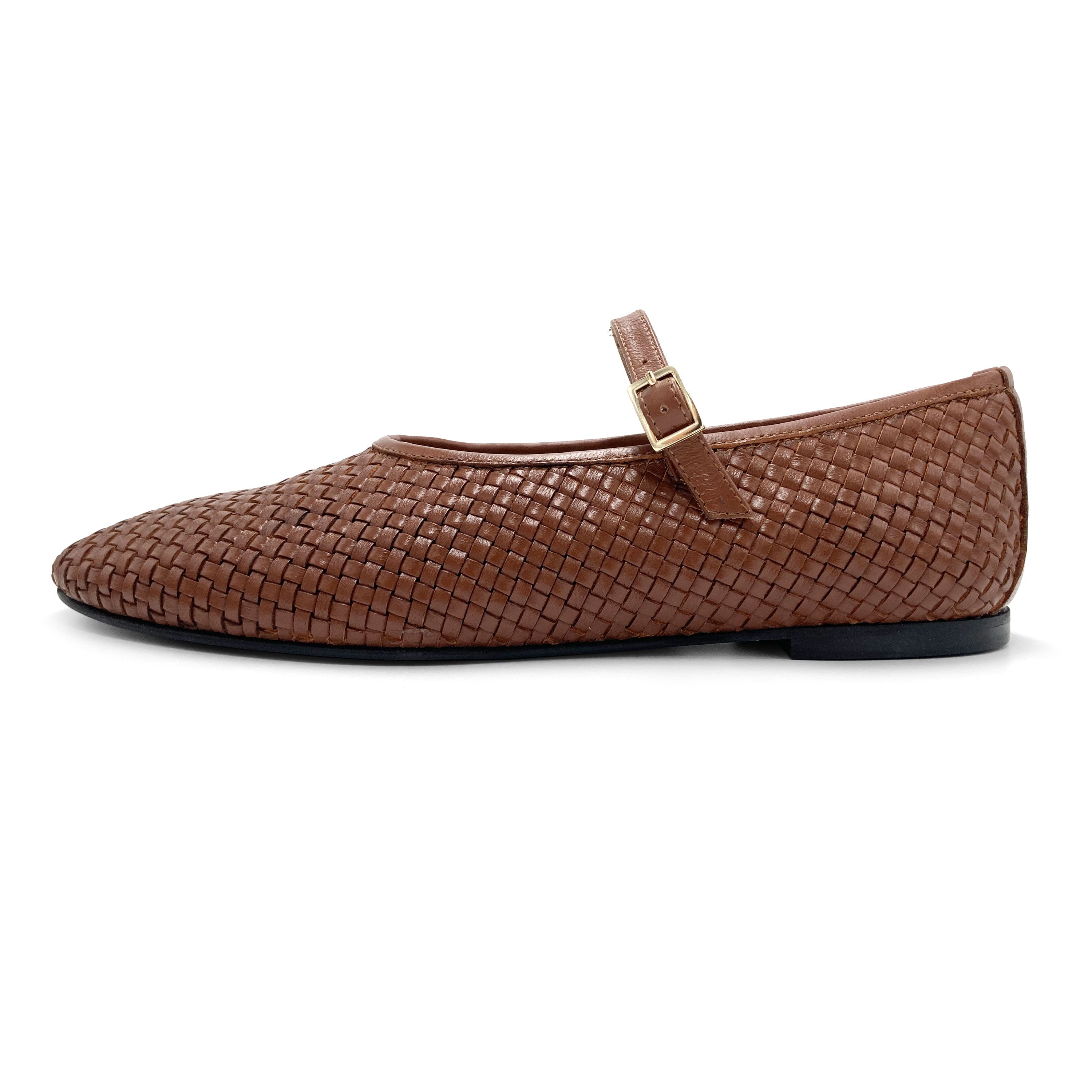 Brown high cut handwoven leather ballet flats with strap