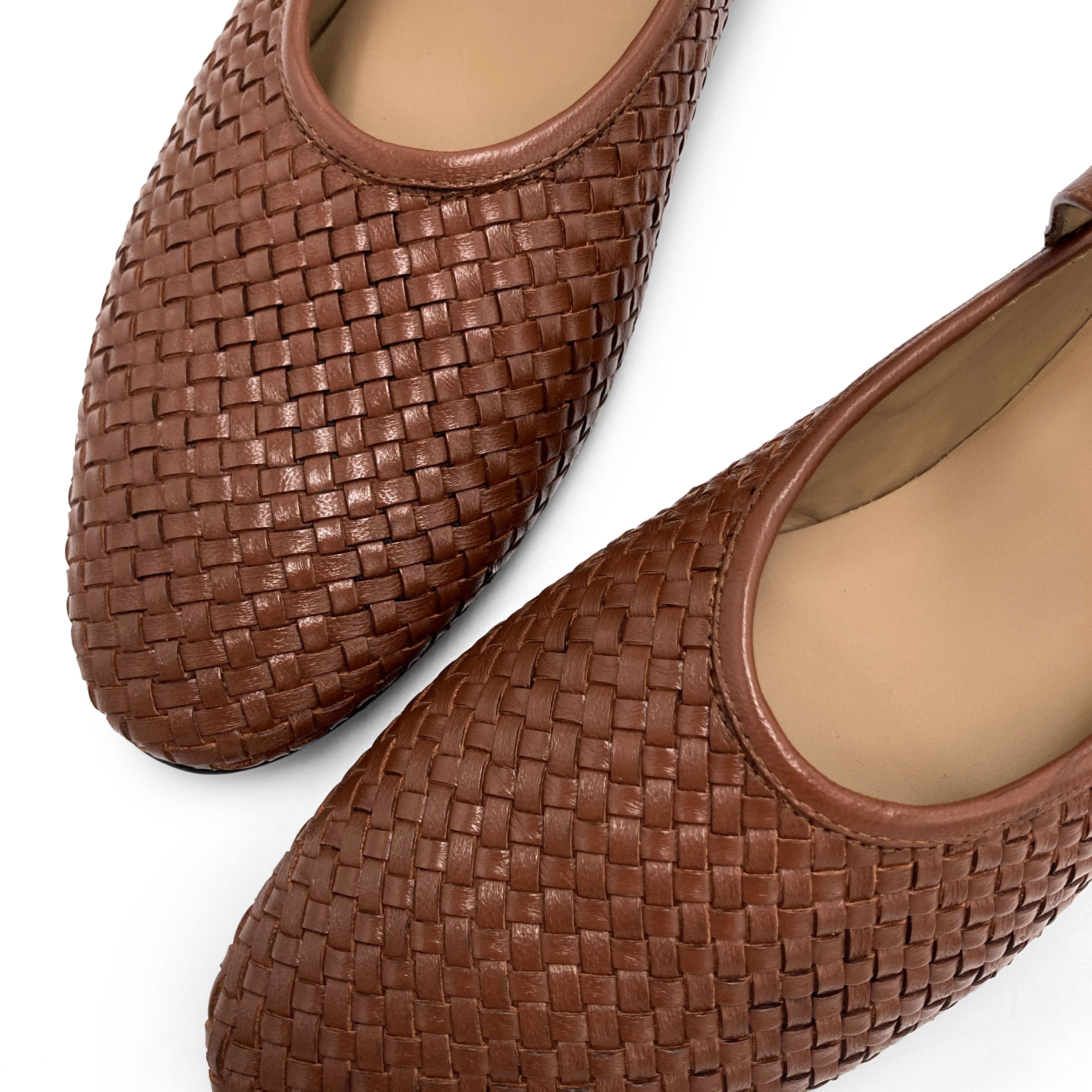 Brown high cut handwoven leather ballet flats with strap
