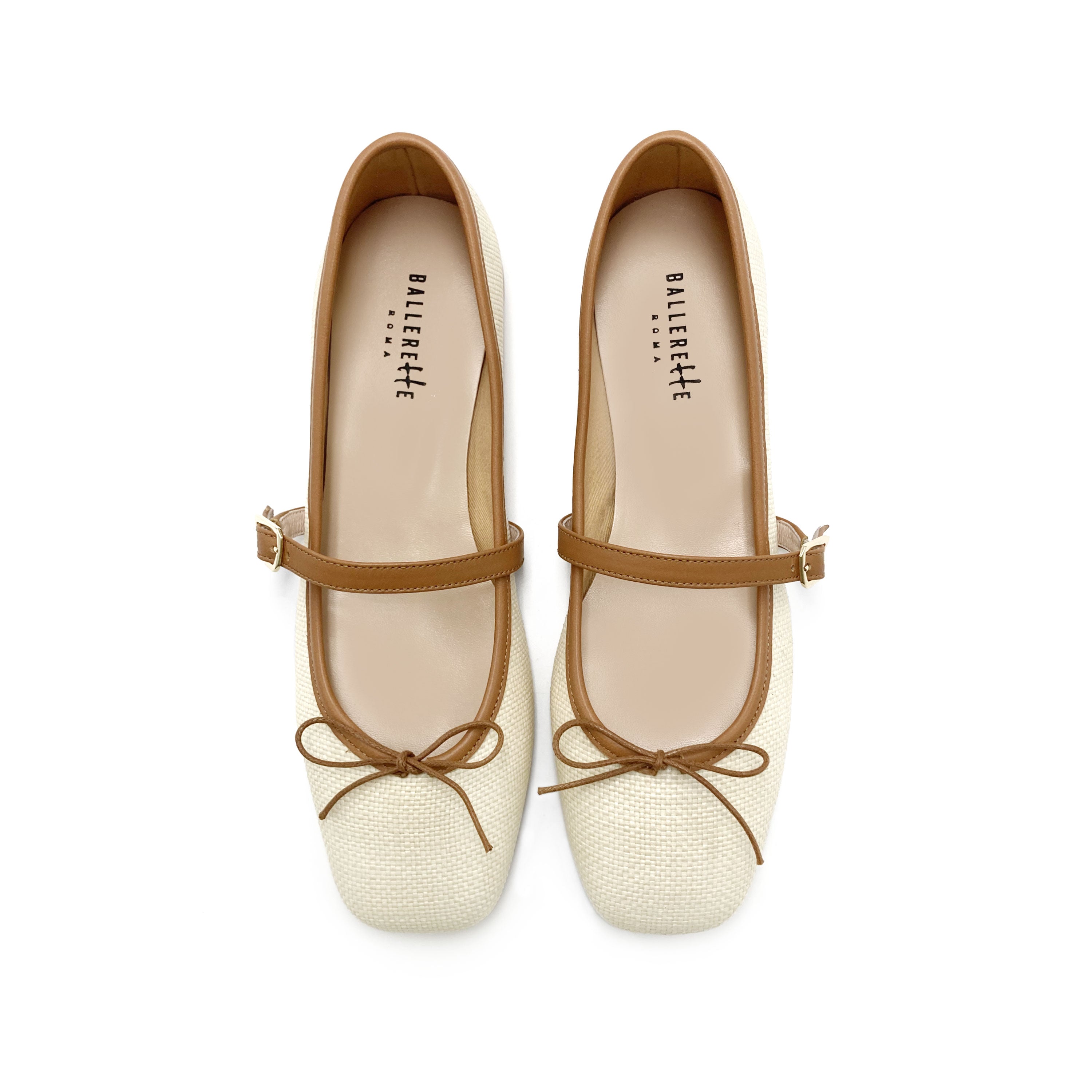 Summer squared toe Mary Jane ballet flats with beige raffia strap