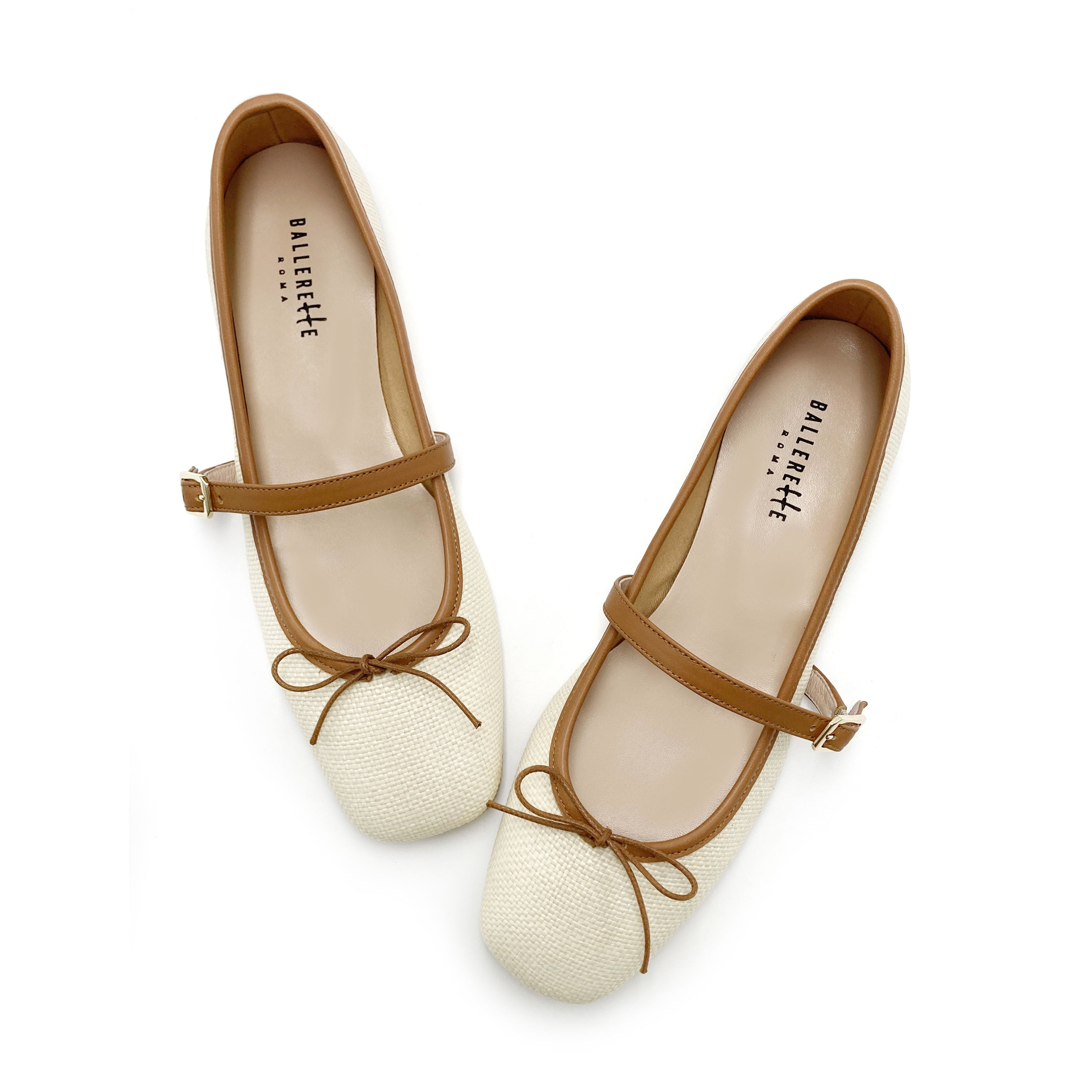 Summer squared toe Mary Jane ballet flats with beige raffia strap