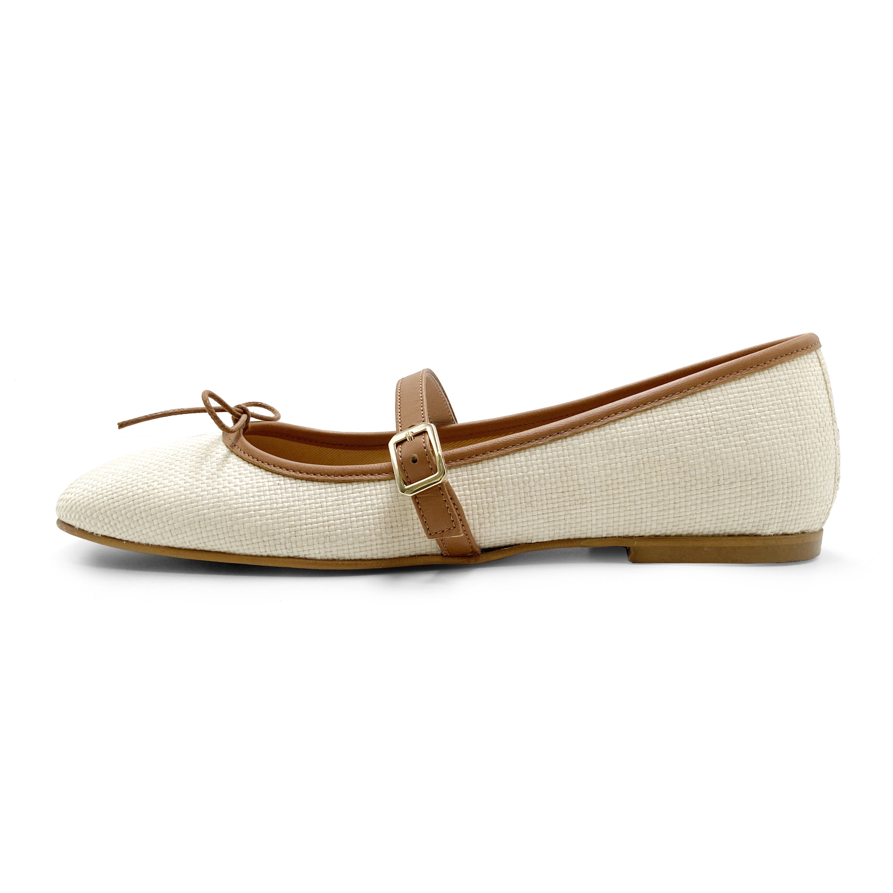 Summer squared toe Mary Jane ballet flats with beige raffia strap