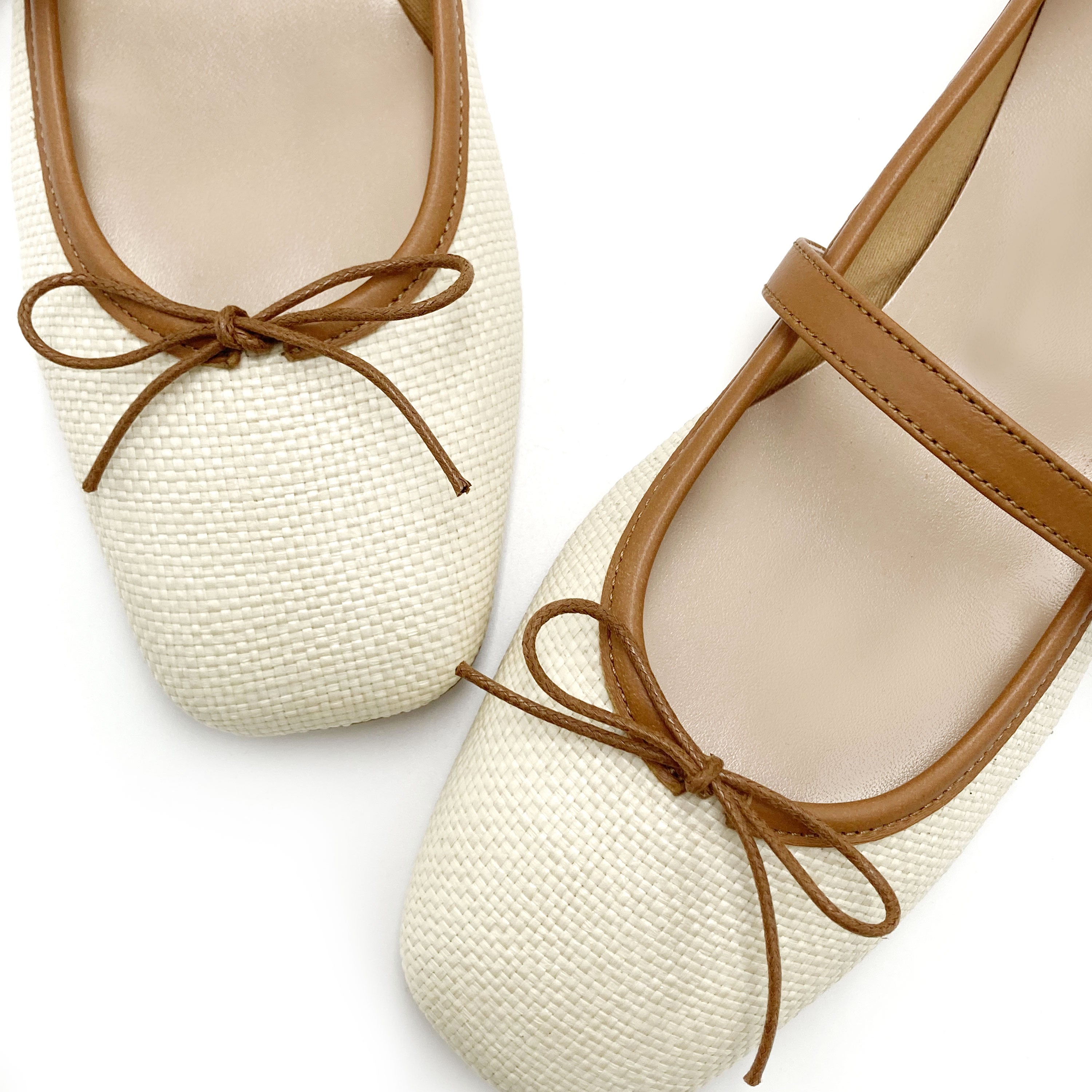 Summer squared toe Mary Jane ballet flats with beige raffia strap