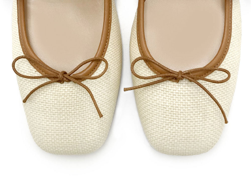 Summer squared toe Mary Jane ballet flats with beige raffia strap