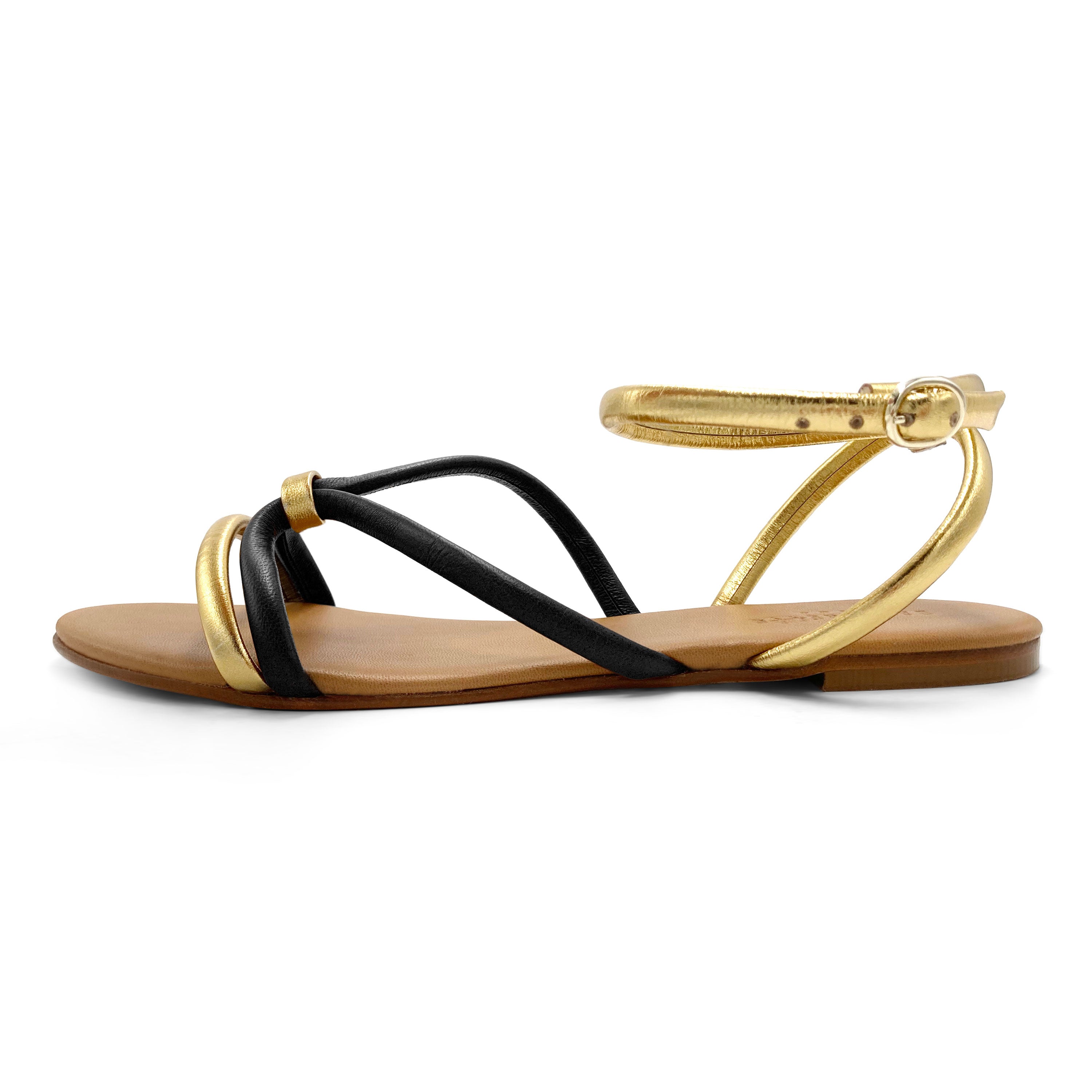 Sandales plates femme en cuir noir et doré avec bride de cheville