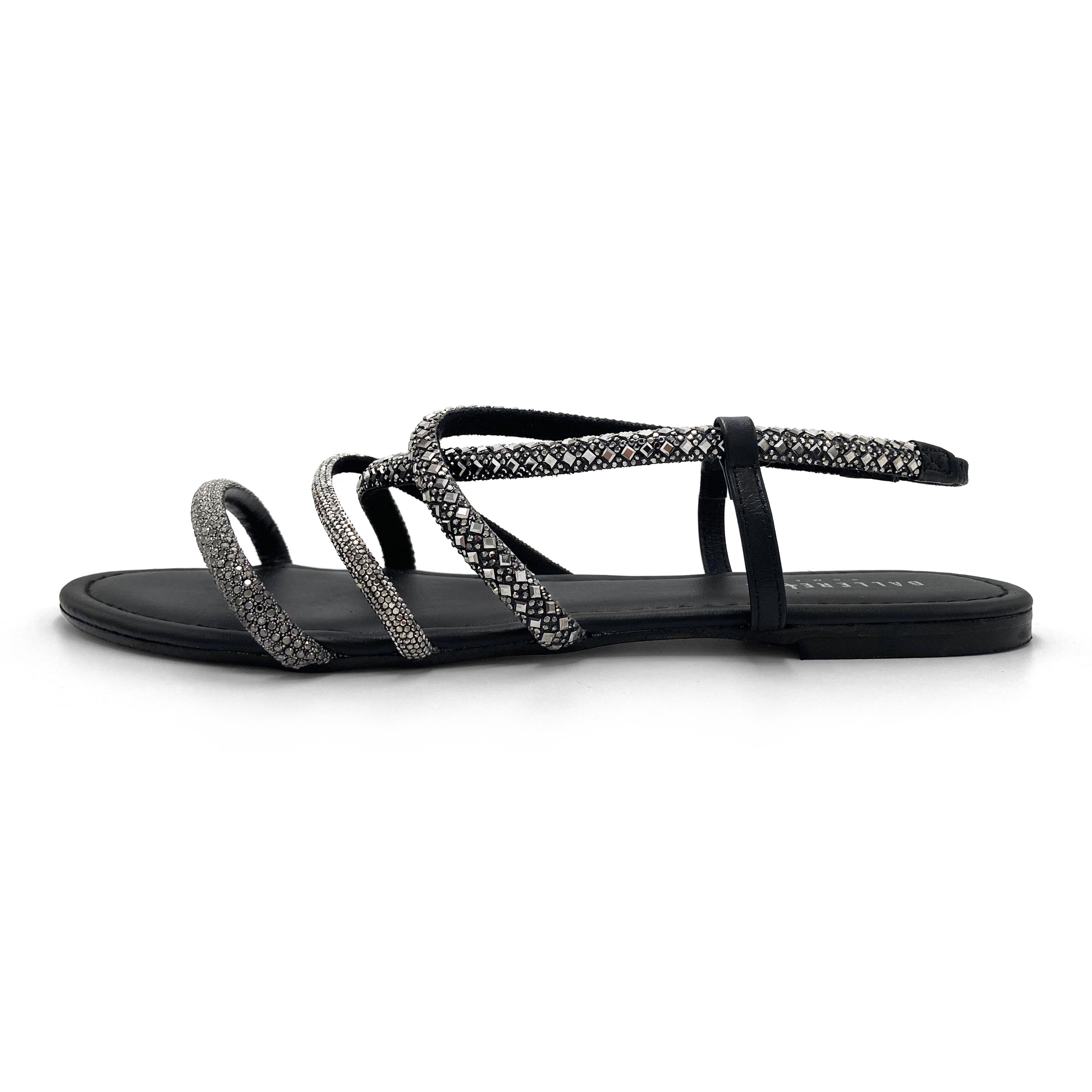Iron-grey jeweled sandals with rhinestones