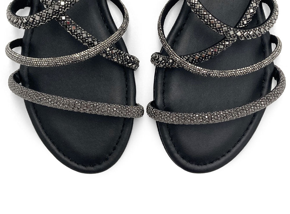 Iron-grey jeweled sandals with rhinestones
