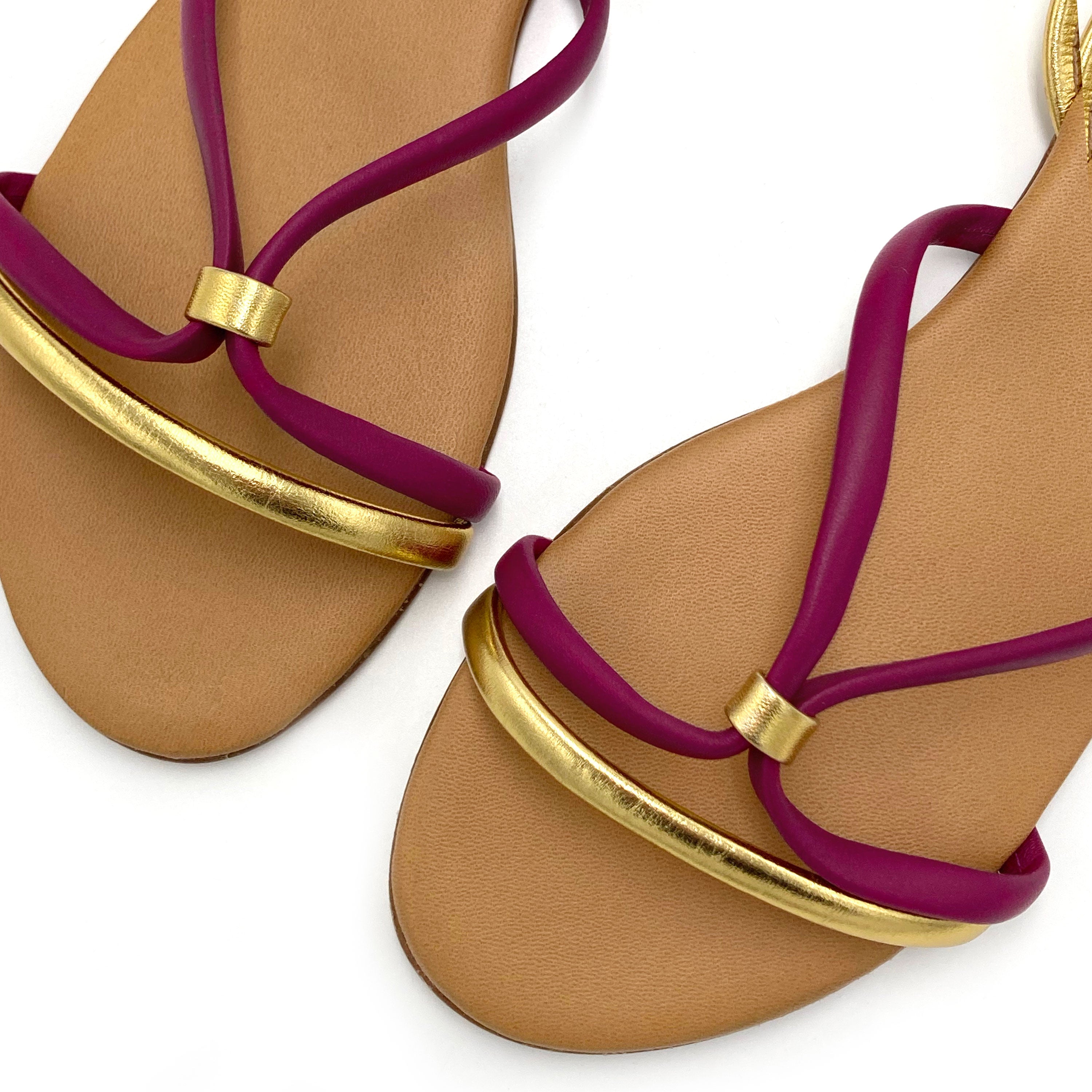 Anckle strap women flat sandals in fucsia and gold leather