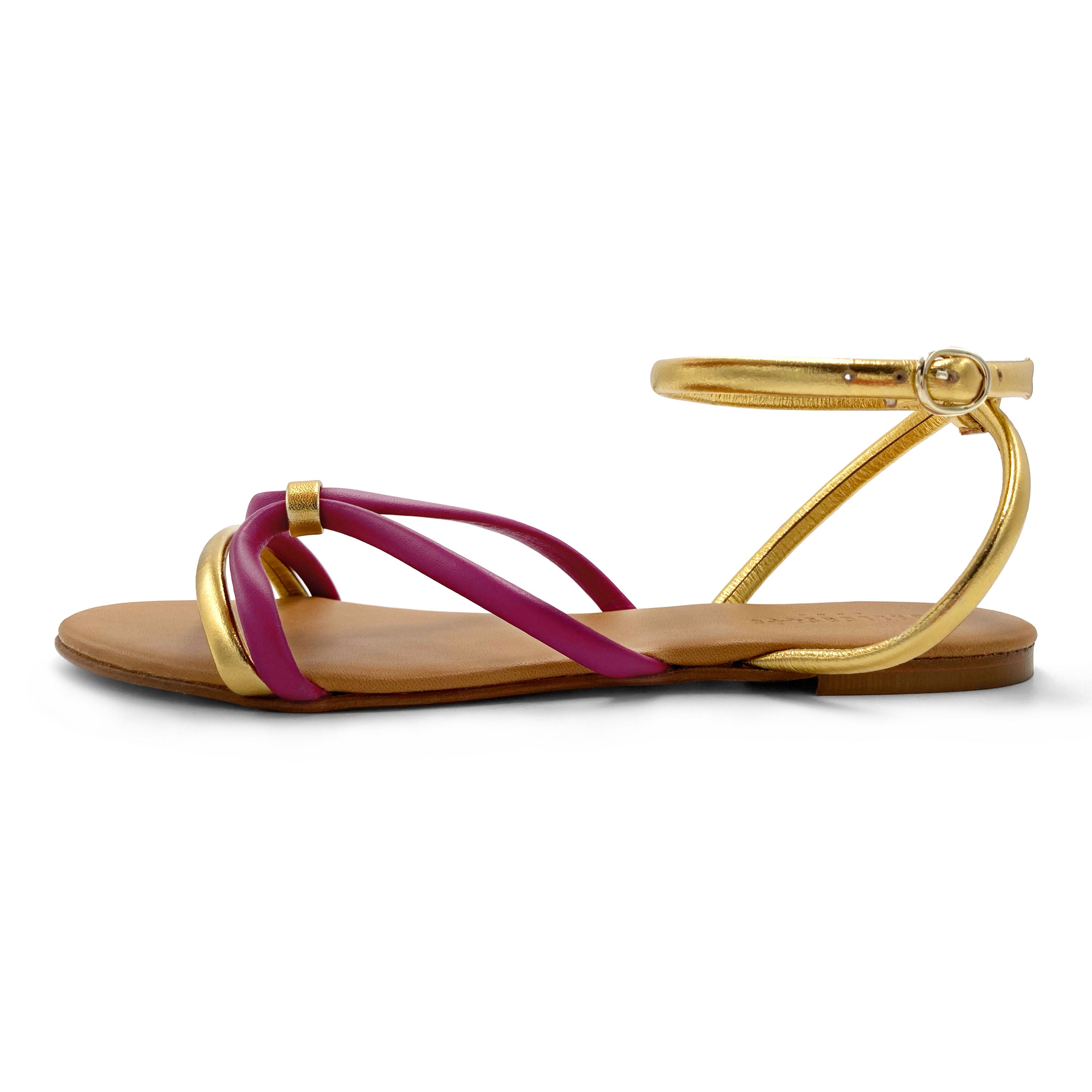 Anckle strap women flat sandals in fucsia and gold leather