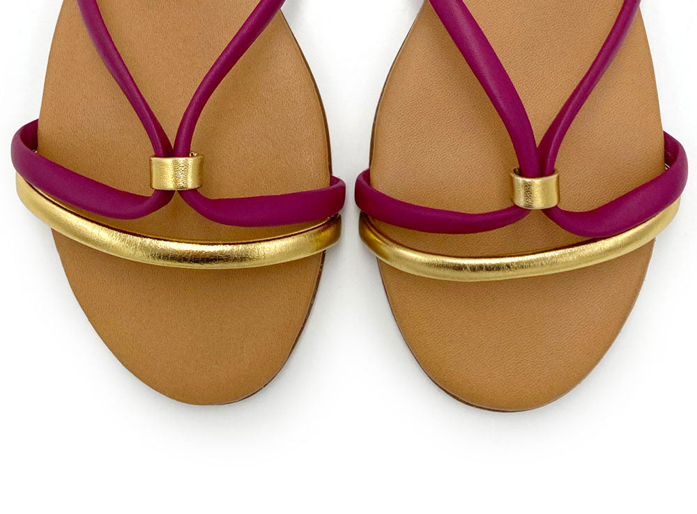 Anckle strap women flat sandals in fucsia and gold leather