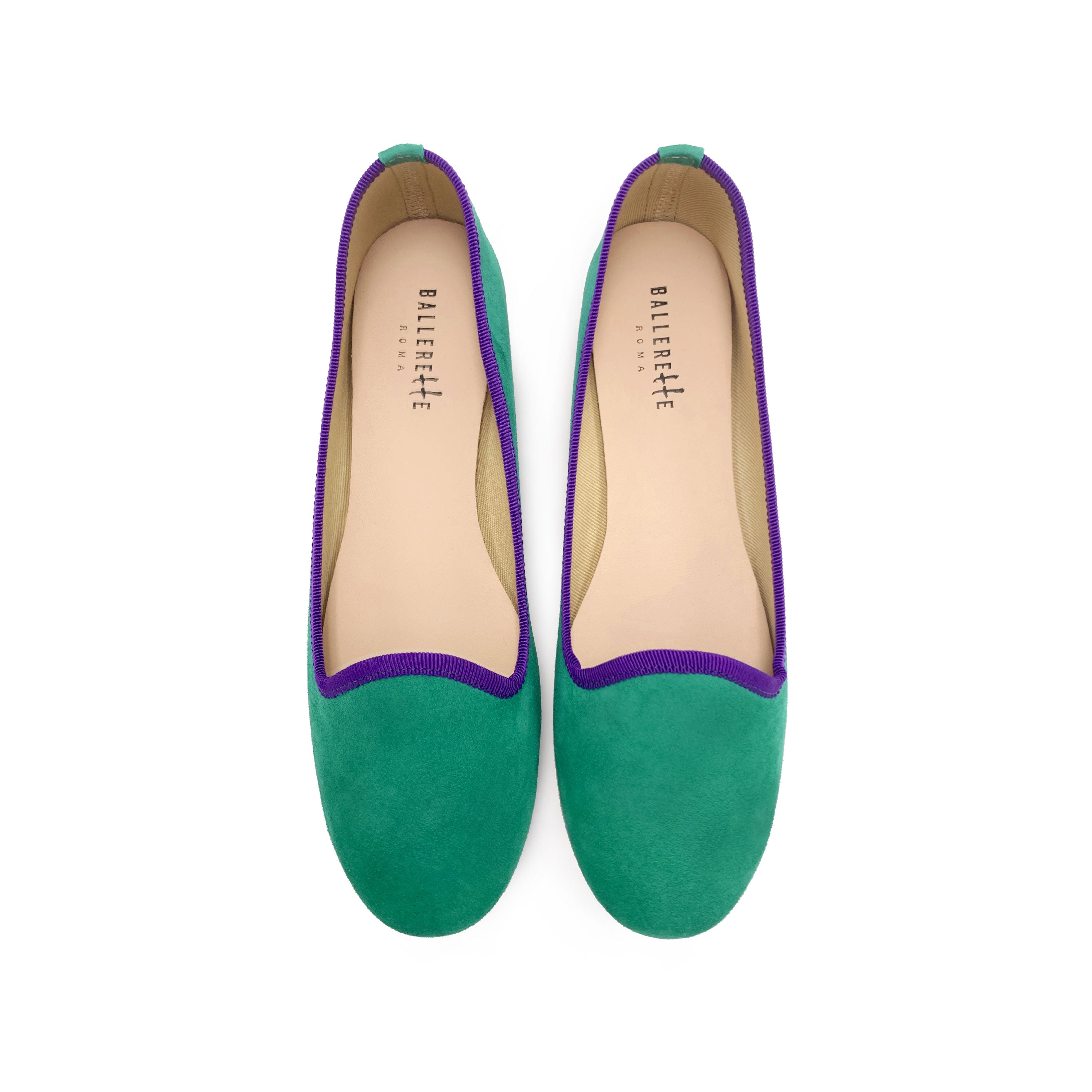 Women loafers in emerald green suede with purple details