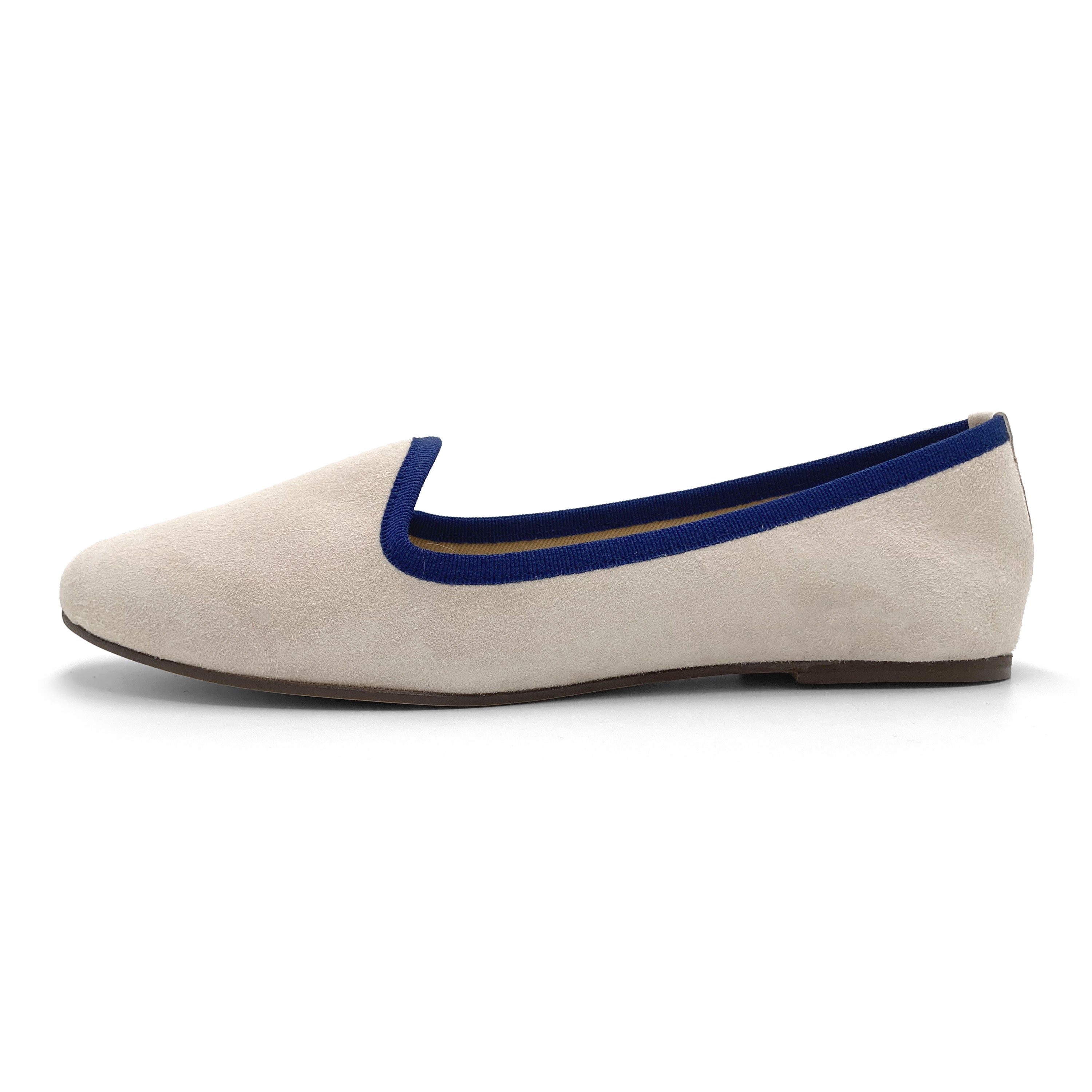 Slippers donna in camoscio beige e dettagli blu