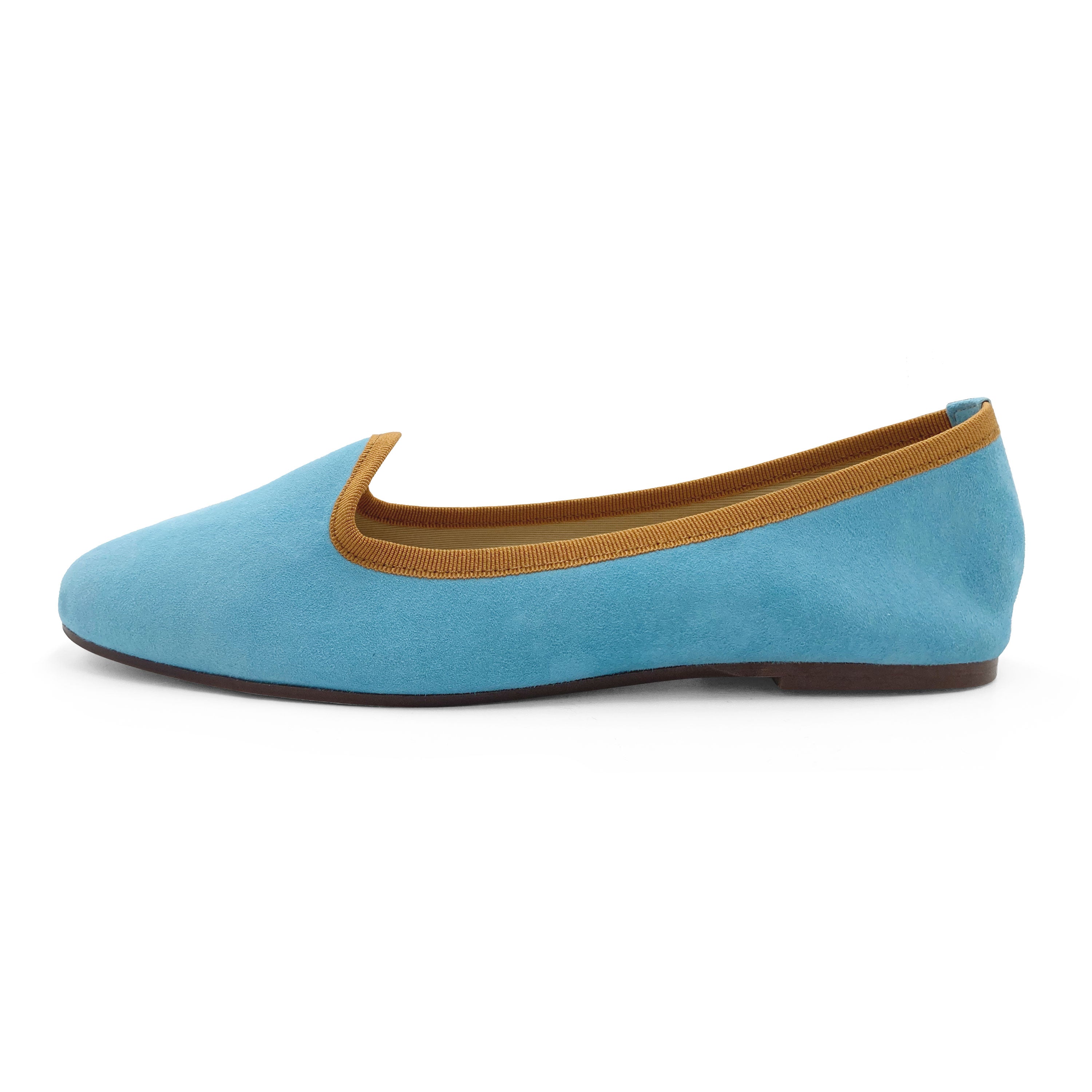 Slippers femme en daim bleu aqua avec détails ocre