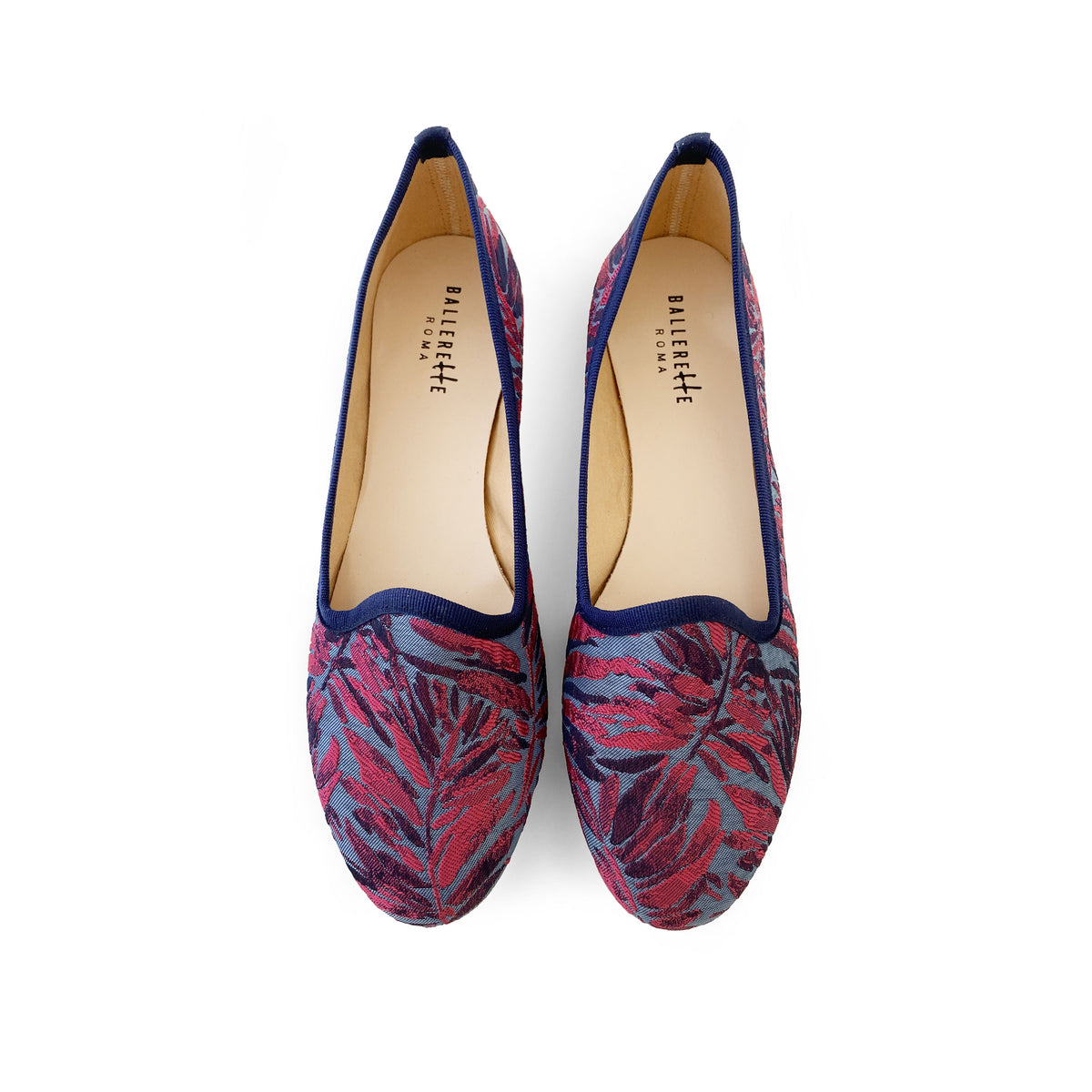 Slippers fucsia e blu in tessuto jacquard tropicale
