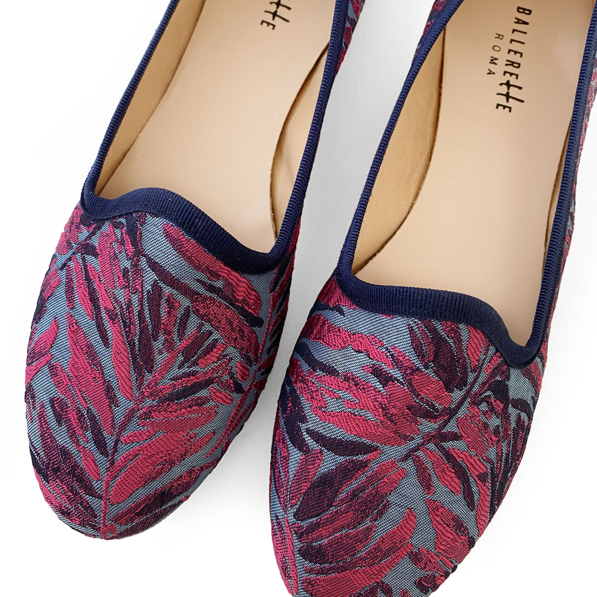 Slippers fucsia e blu in tessuto jacquard tropicale