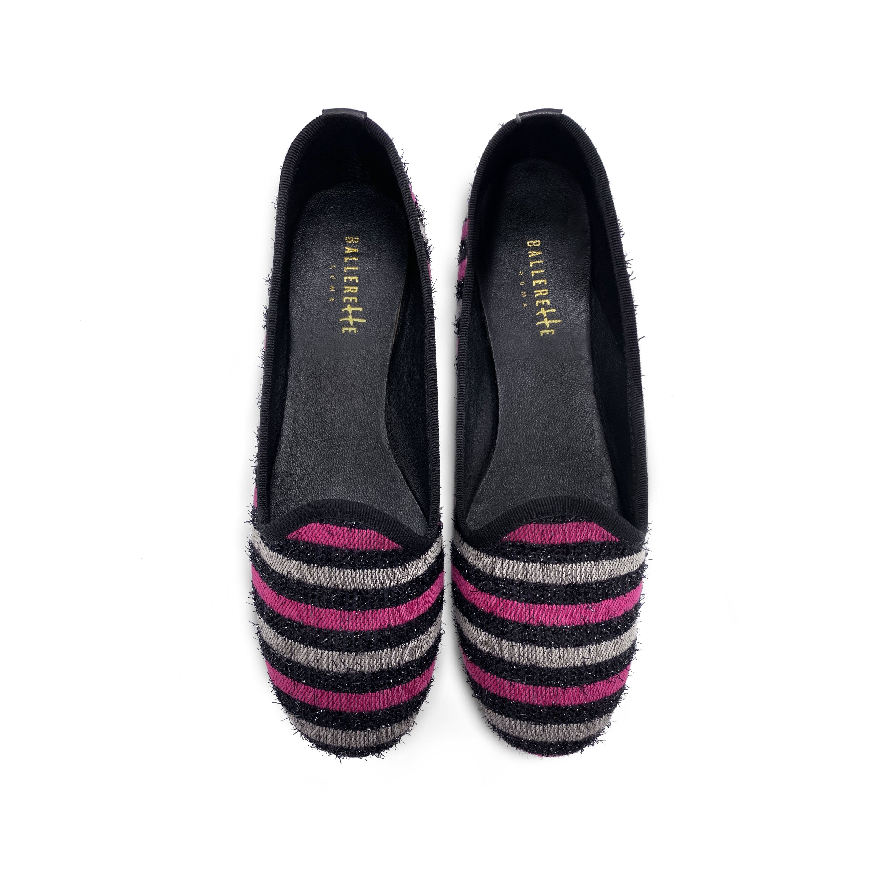 Women's slippers in fuchsia and gray striped fabric