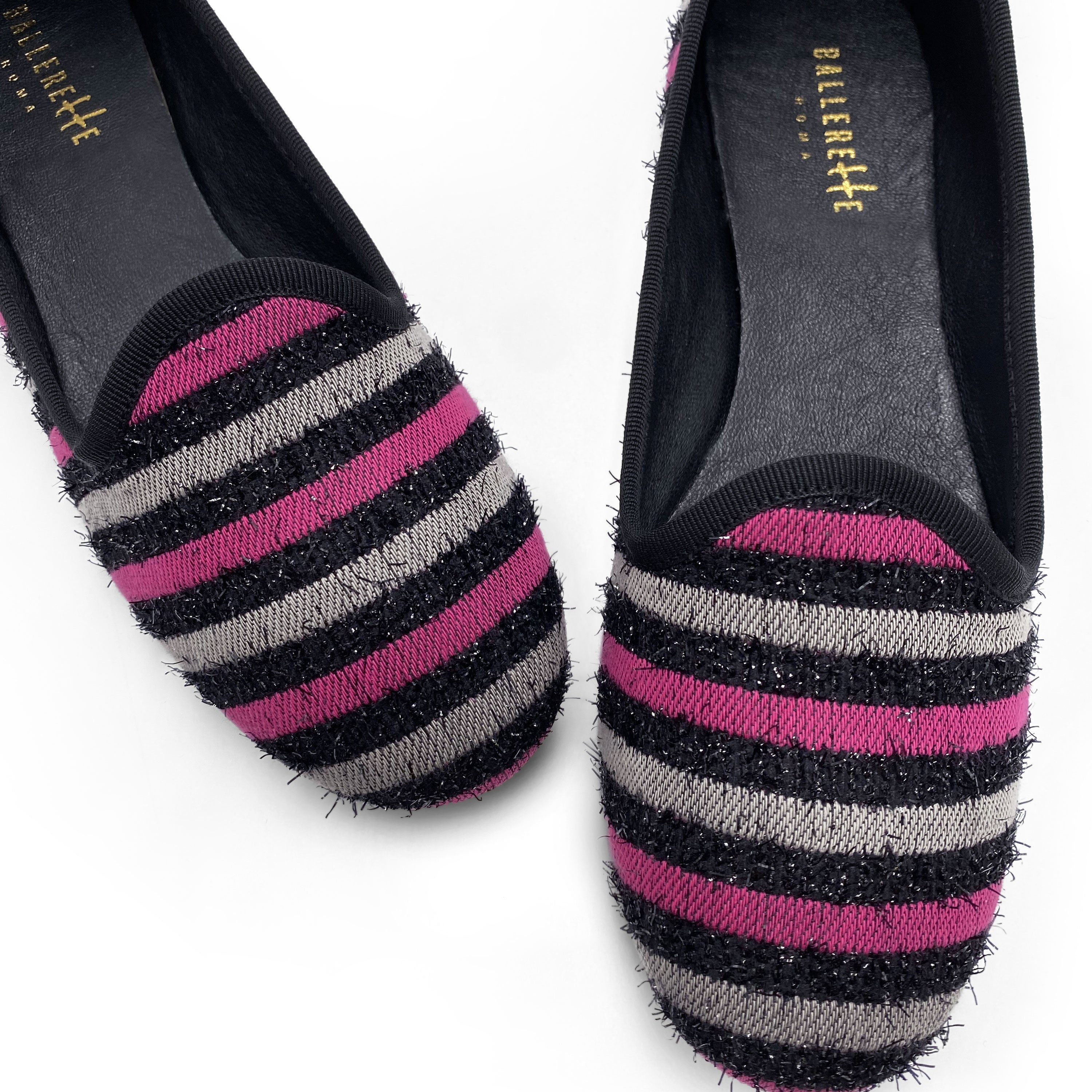 Women's slippers in fuchsia and gray striped fabric