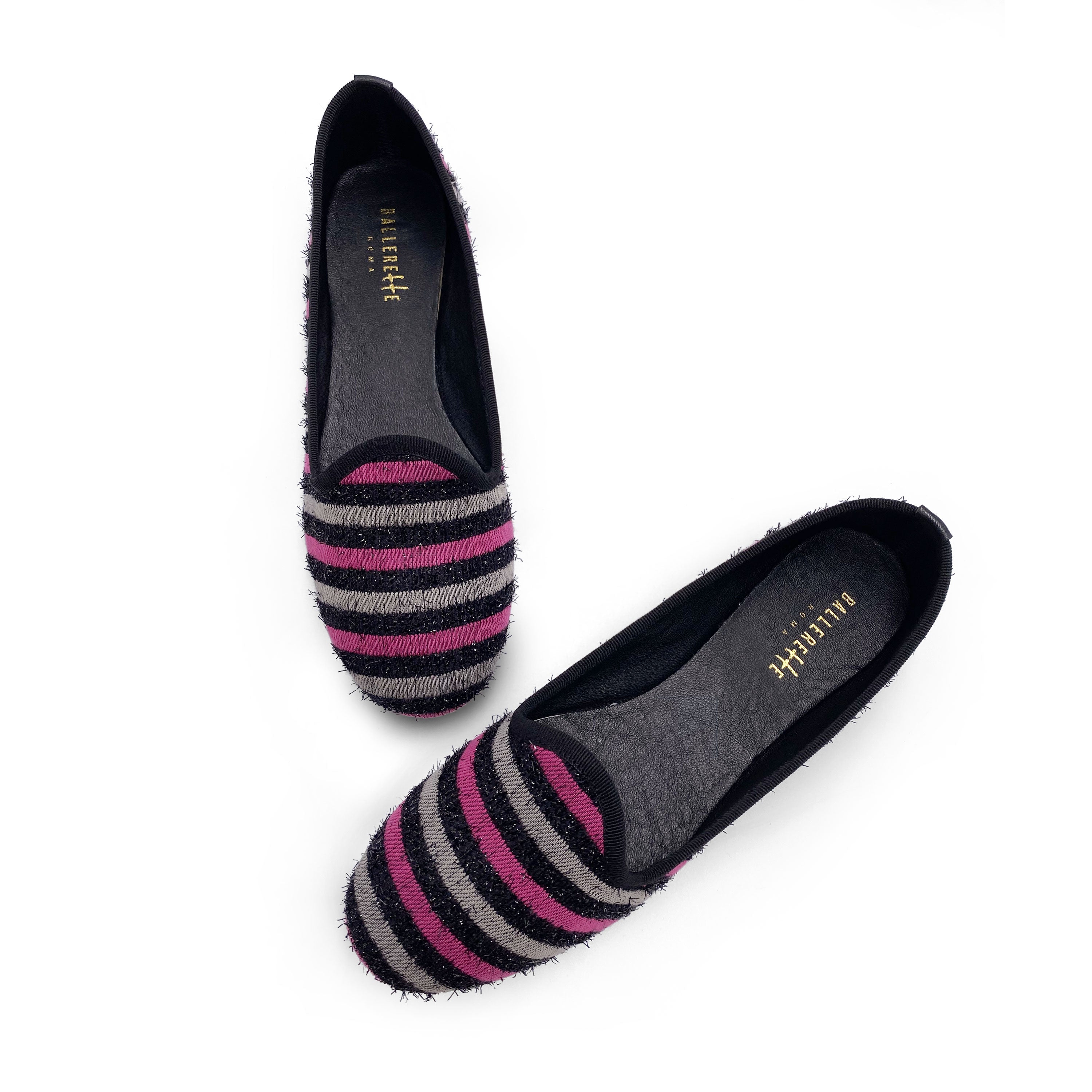 Women's slippers in fuchsia and gray striped fabric