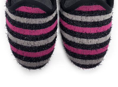 Women's slippers in fuchsia and gray striped fabric