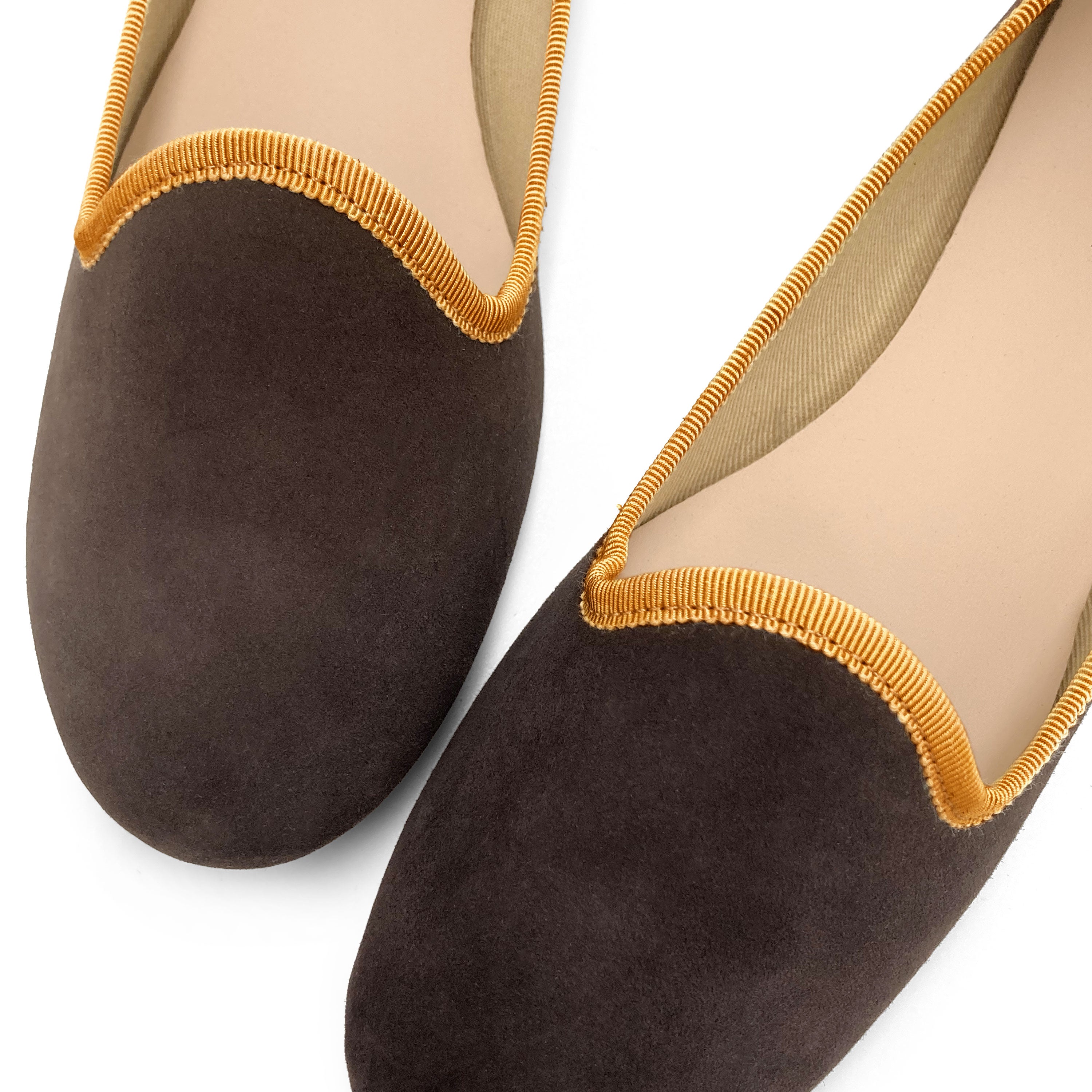 Women loafers in dark brown suede with ochre details