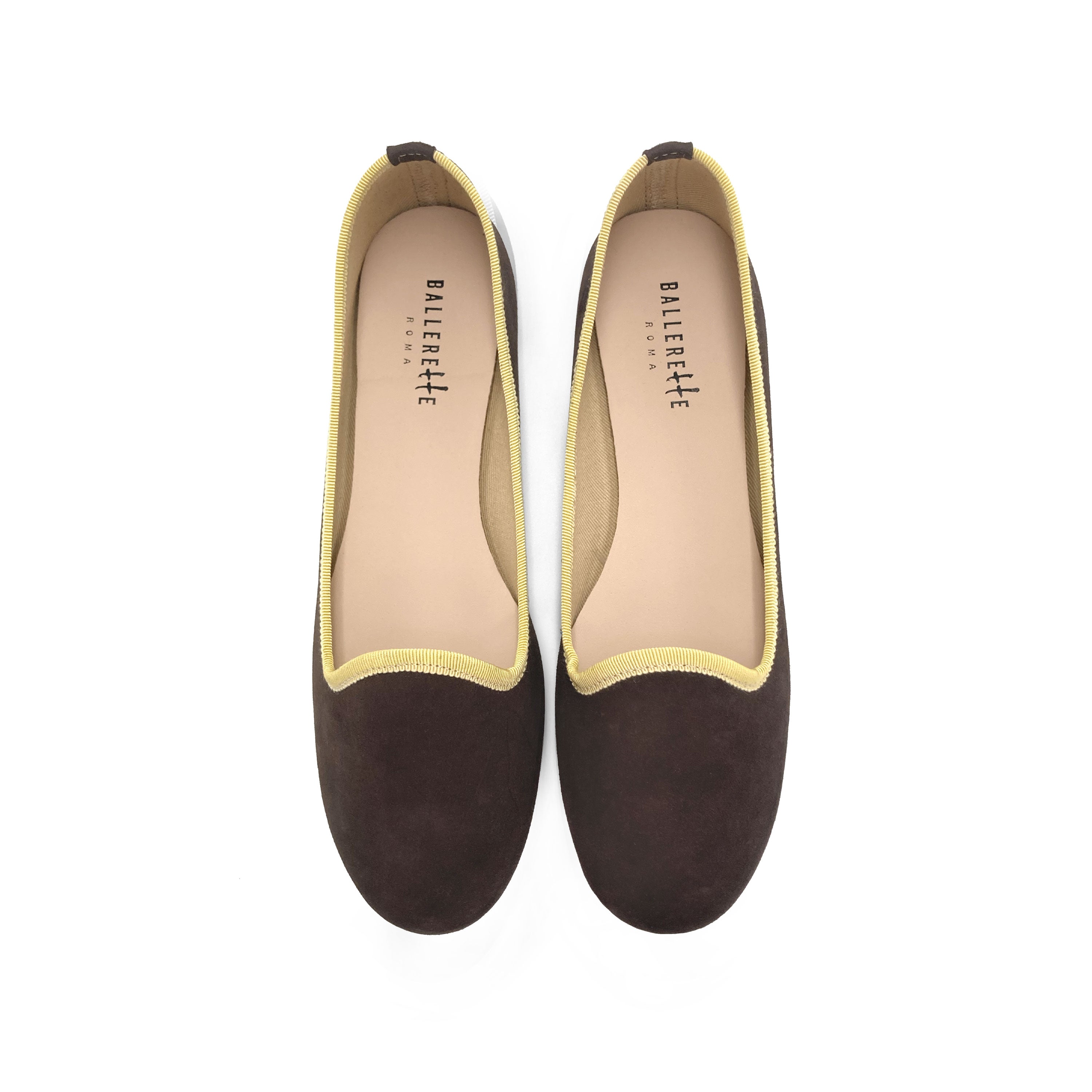 Women loafers in dark brown suede with yellow details