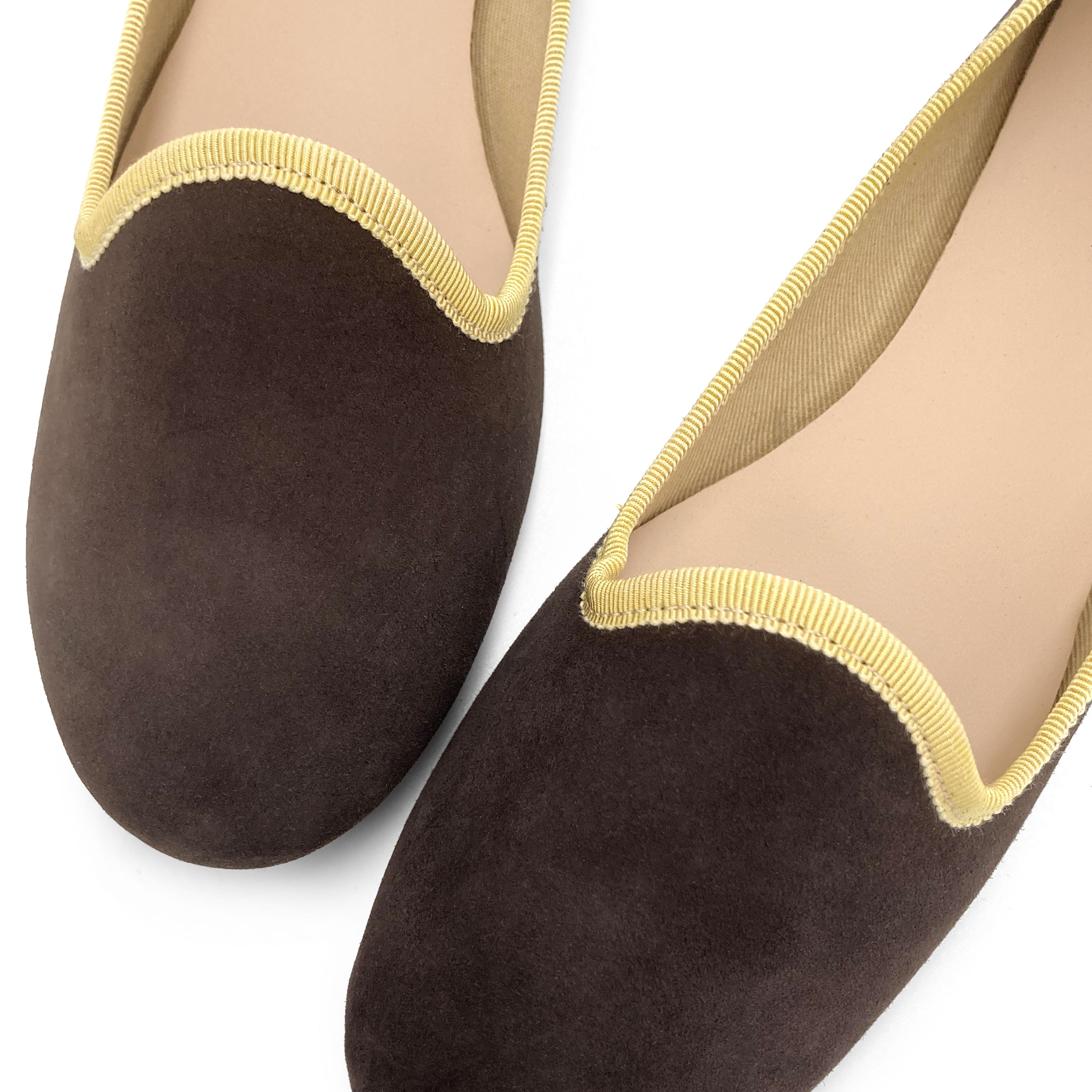 Women loafers in dark brown suede with yellow details