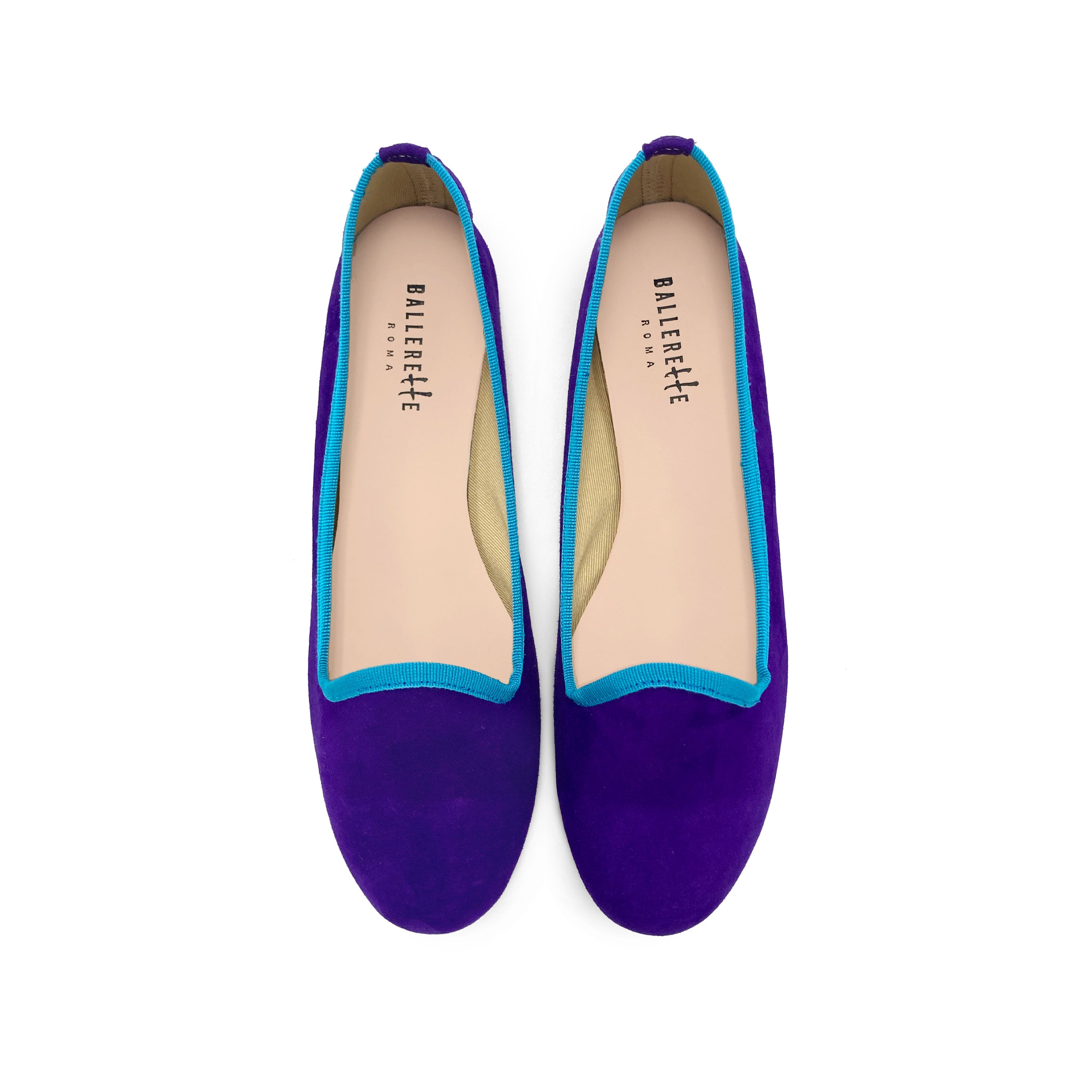 Women's purple suede loafers with turquoise details
