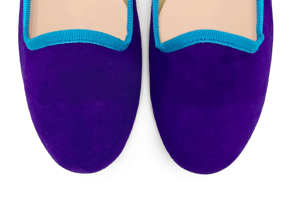 Women's purple suede loafers with turquoise details